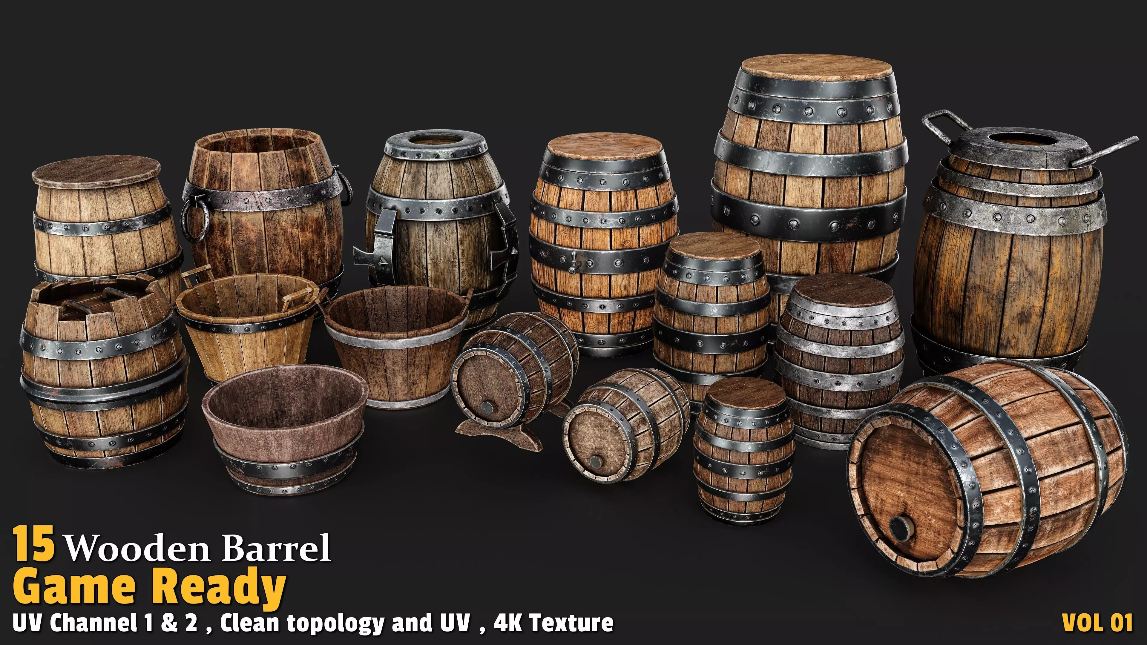 Wooden Barrel Game Ready VOL01 Low-poly 3D model_0