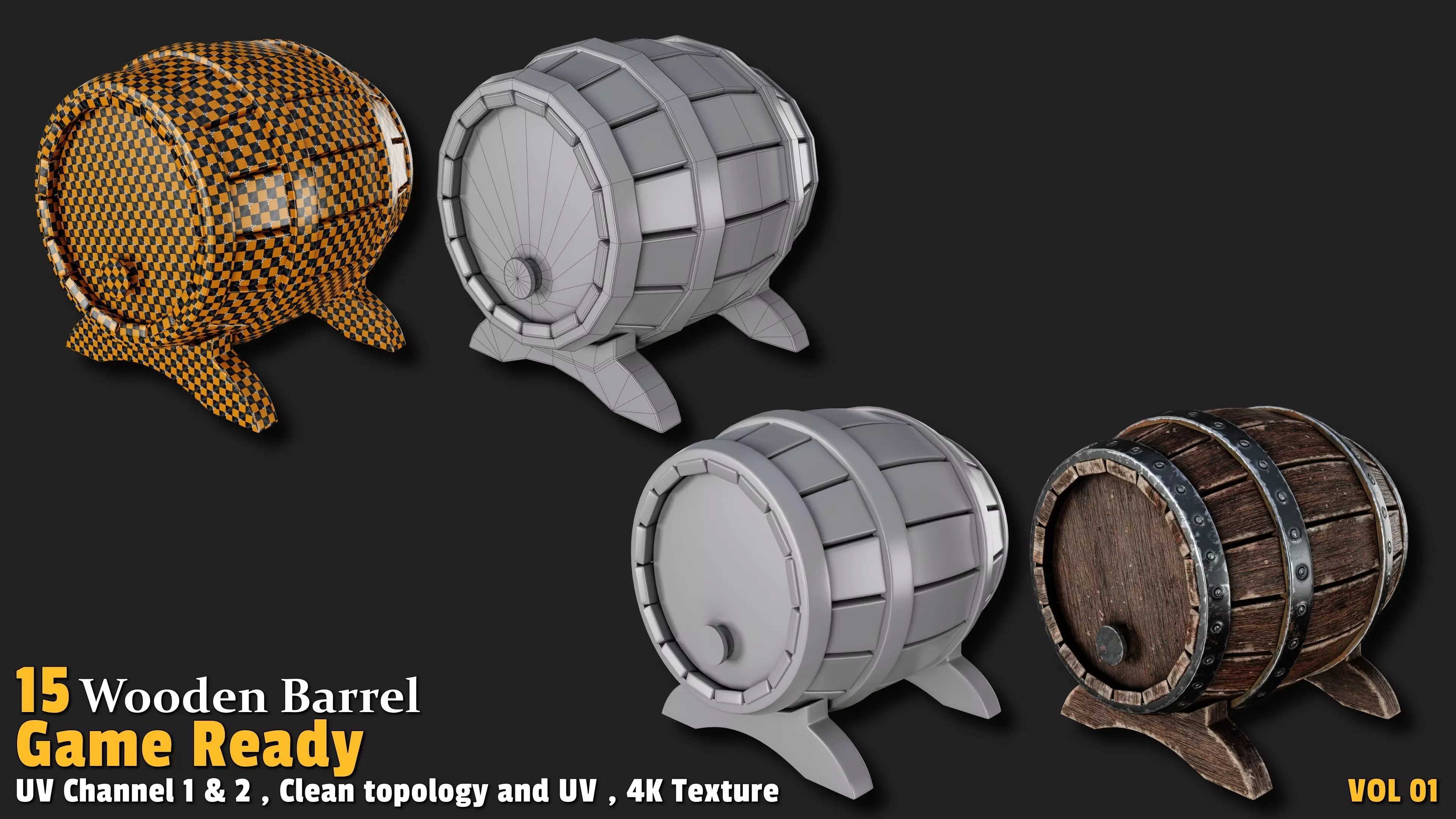 Wooden Barrel Game Ready VOL01 Low-poly 3D model_4