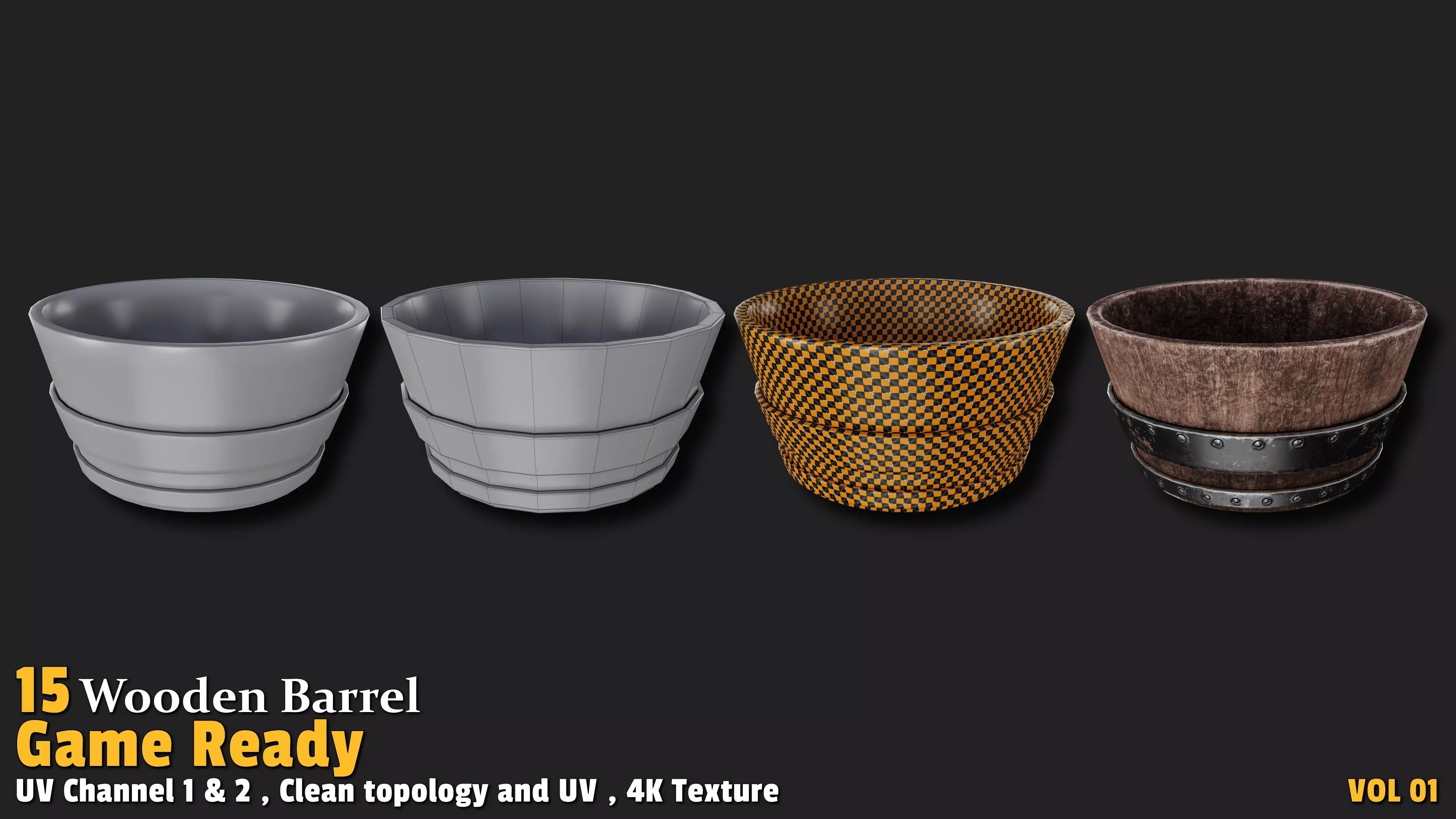 Wooden Barrel Game Ready VOL01 Low-poly 3D model_6