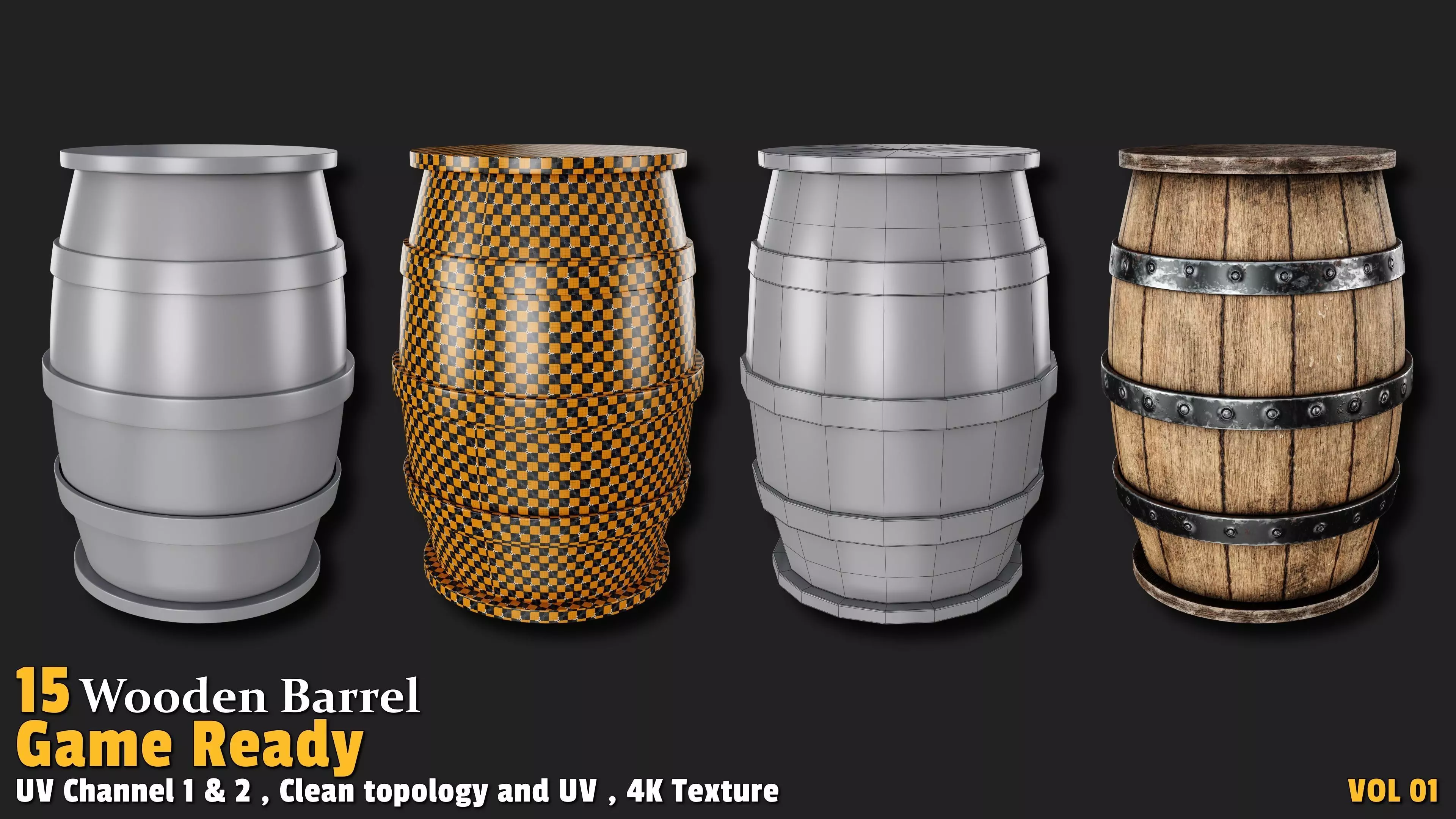 Wooden Barrel Game Ready VOL01 Low-poly 3D model_5
