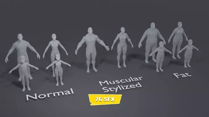Human Body Base Mesh 10 3D Models Pack with 76 Sound Effects