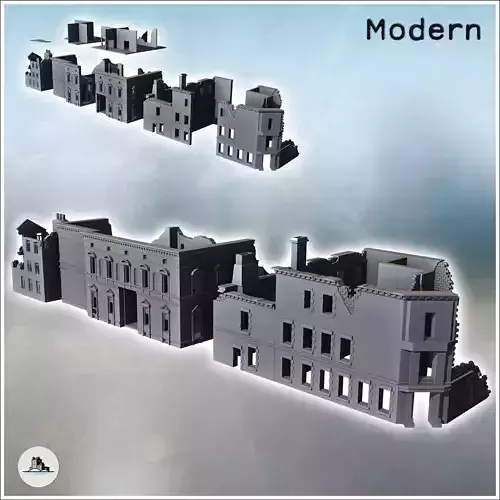 Set of three ruined modern buildings with cornice windows 9 - Mo