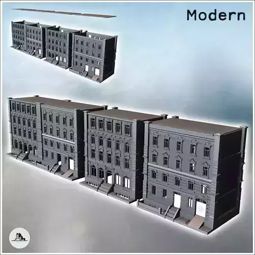 Set of three baroque modern buildings with cornices and access s