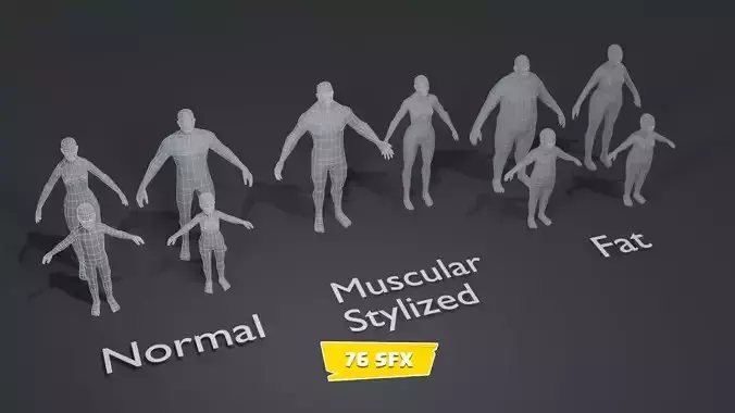 Human Body Base Mesh 10 3D Models Pack 1k with 76 Sound Effects
