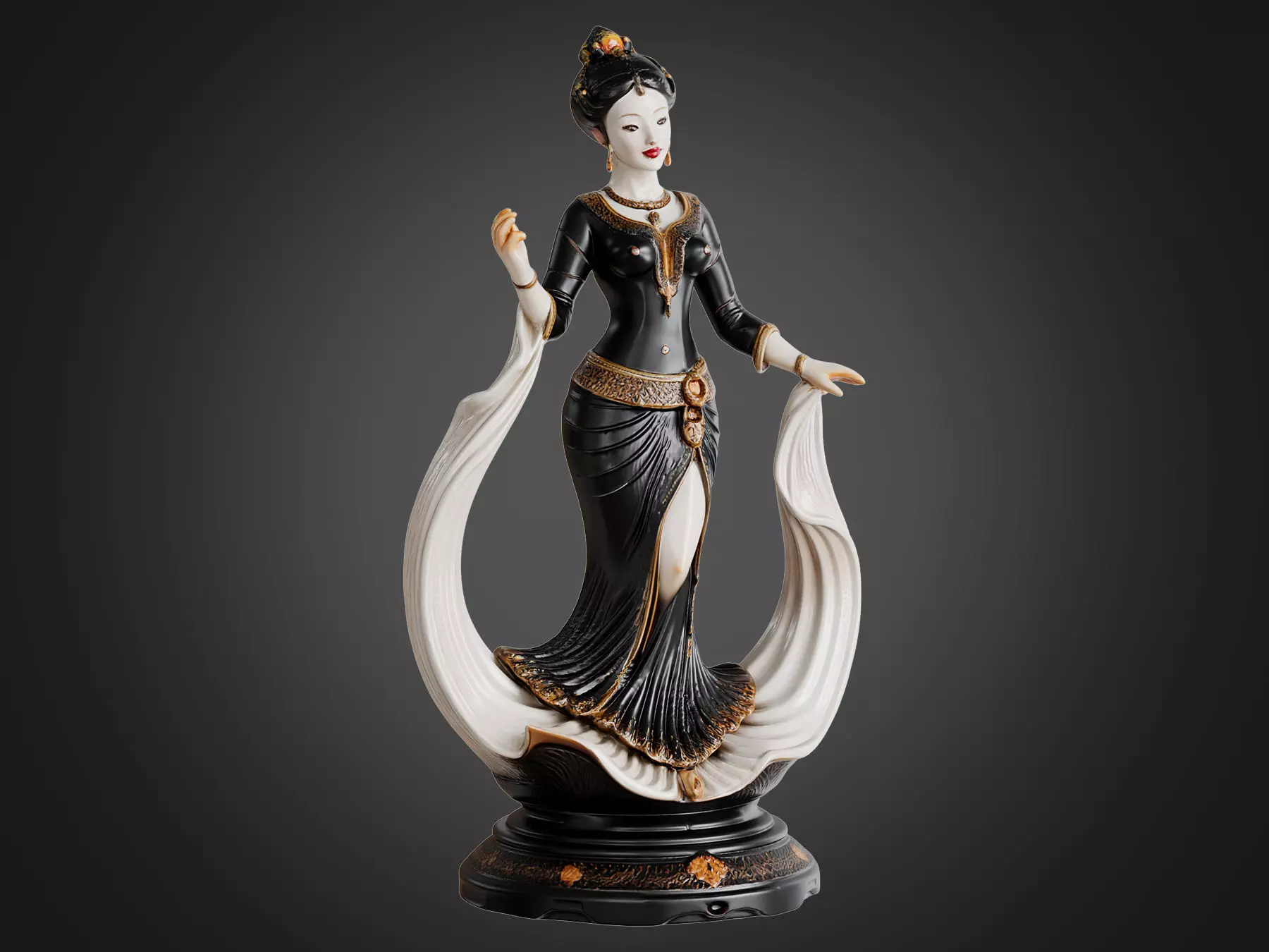 Classic Female Figurine Black Gold Sculpture 3D model_1