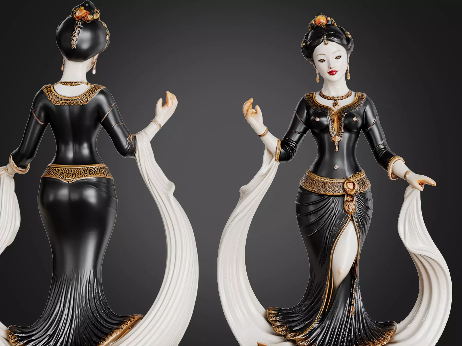 Classic Female Figurine Black Gold Sculpture 3D model_0