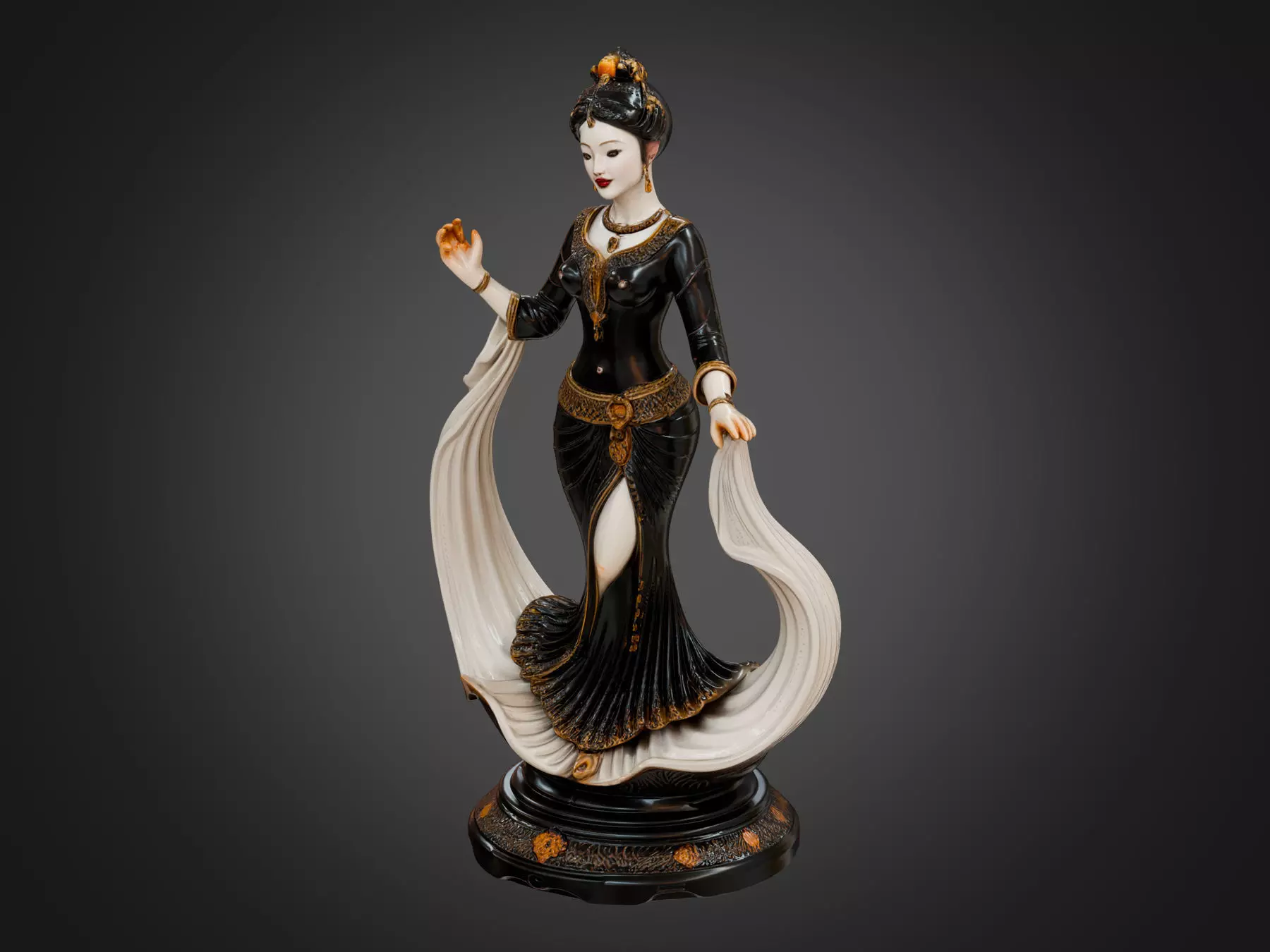 Classic Female Figurine Black Gold Sculpture 3D model_3