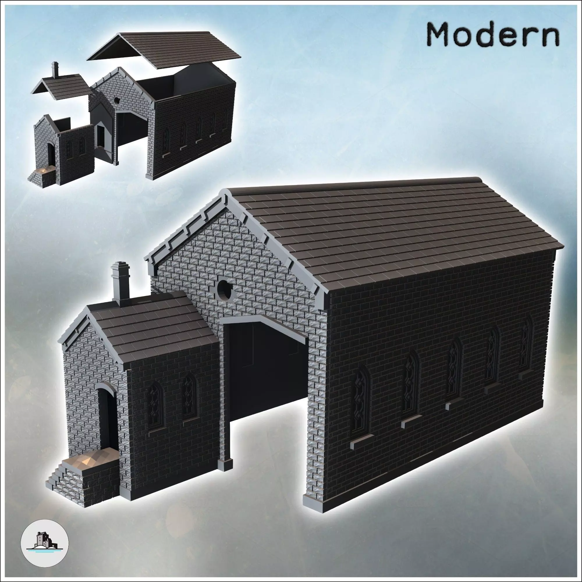 Brick warehouse with large windows and annex with door 26 - Mode 3D print model_0