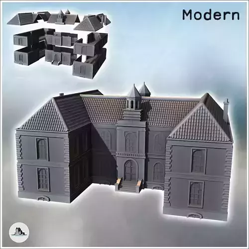 Modern building with bell towers two wings and access staircase 