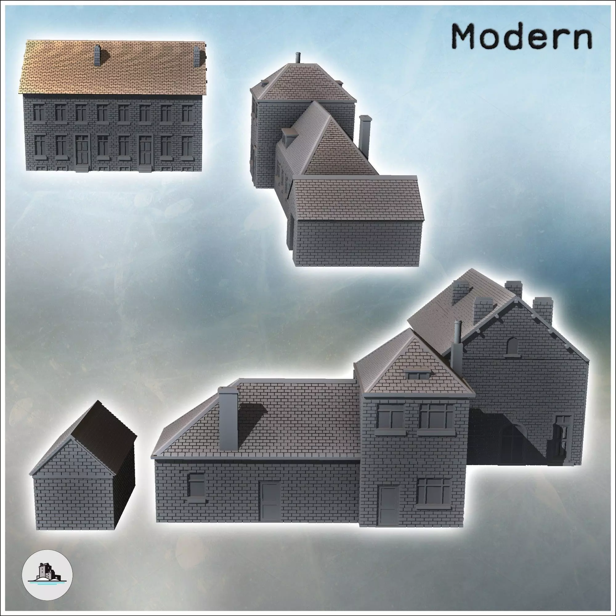 Set of modern houses with annex and fireplaces 6 - World War Two 3D print model_3