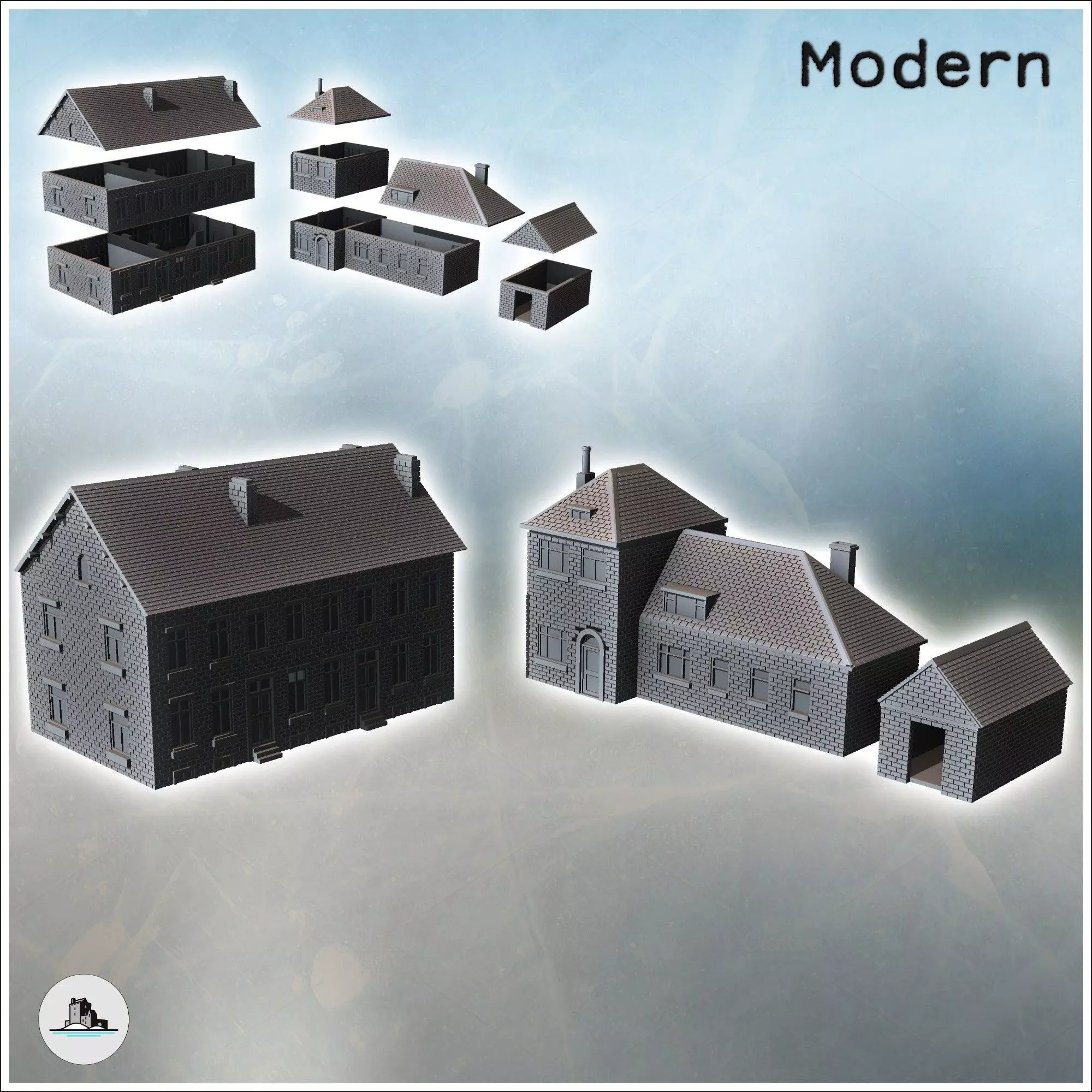 Set of modern houses with annex and fireplaces 6 - World War Two 3D print model_0