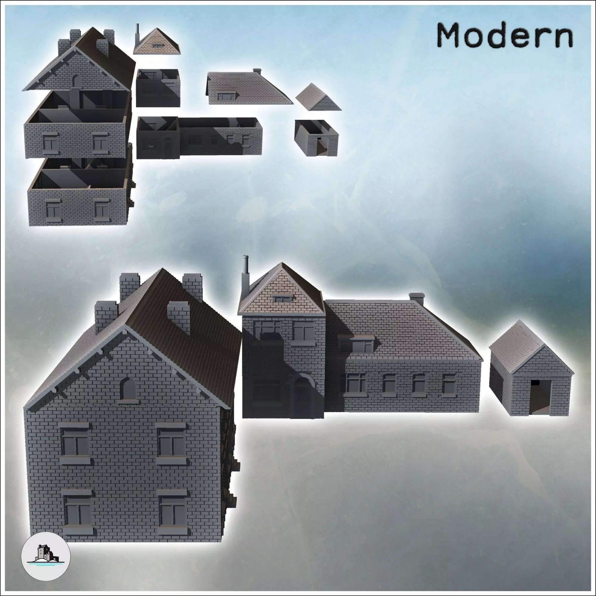 Set of modern houses with annex and fireplaces 6 - World War Two 3D print model_1