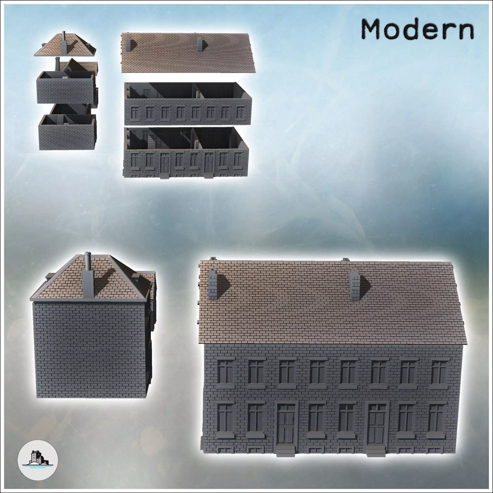 Set of modern houses with annex and fireplaces 6 - World War Two 3D print model_2