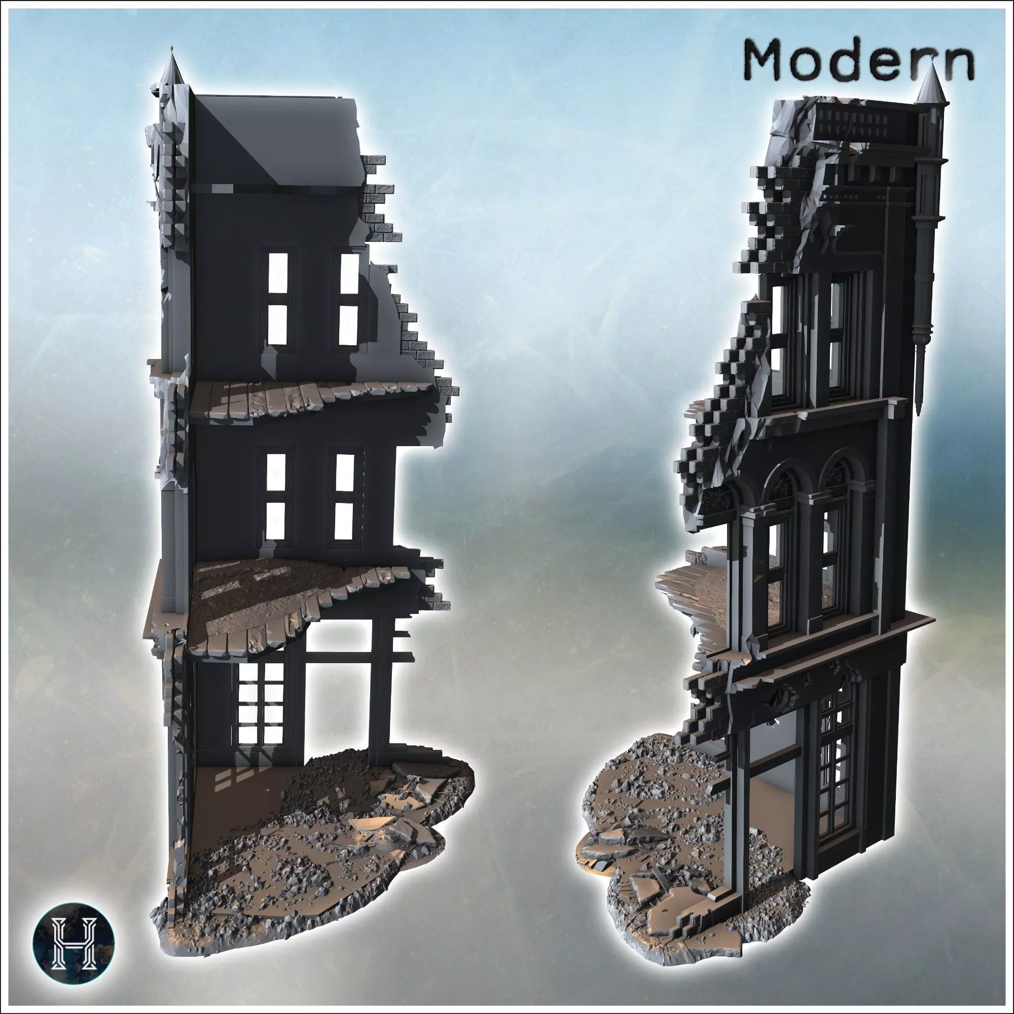 Corner building with decorative arched windows damaged upper wal 3D print model_2