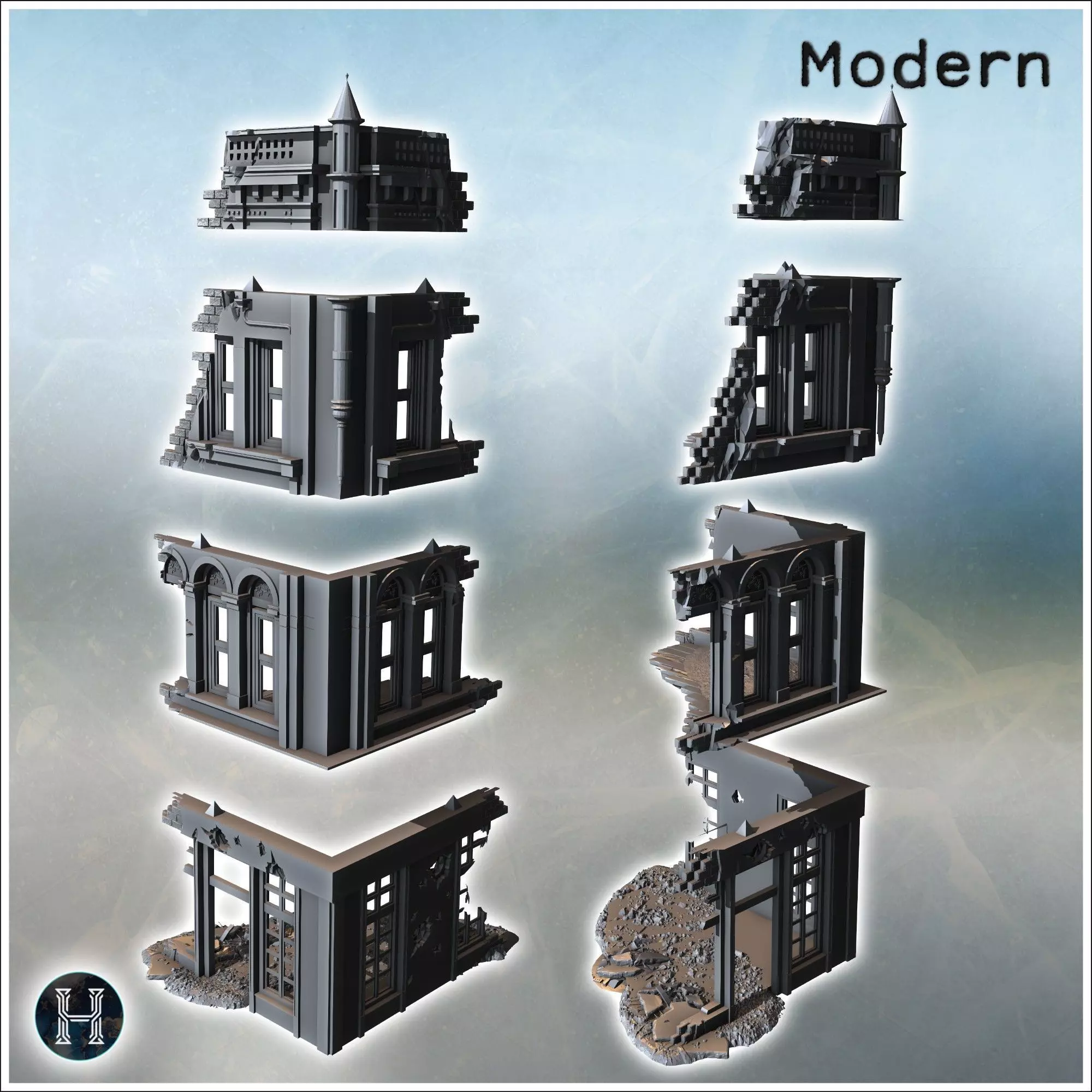 Corner building with decorative arched windows damaged upper wal 3D print model_4