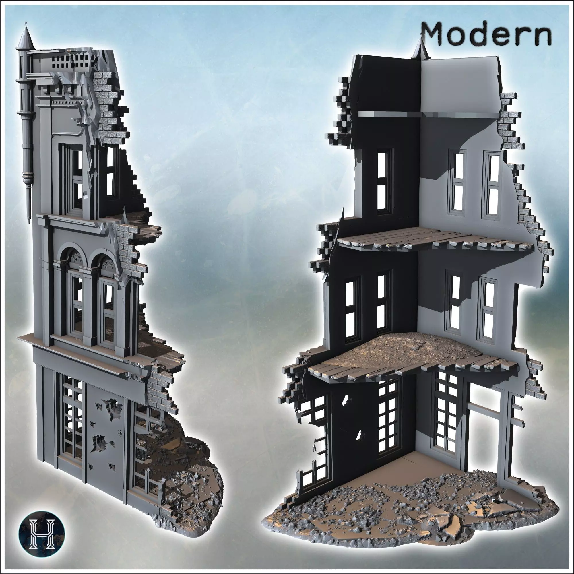 Corner building with decorative arched windows damaged upper wal 3D print model_3