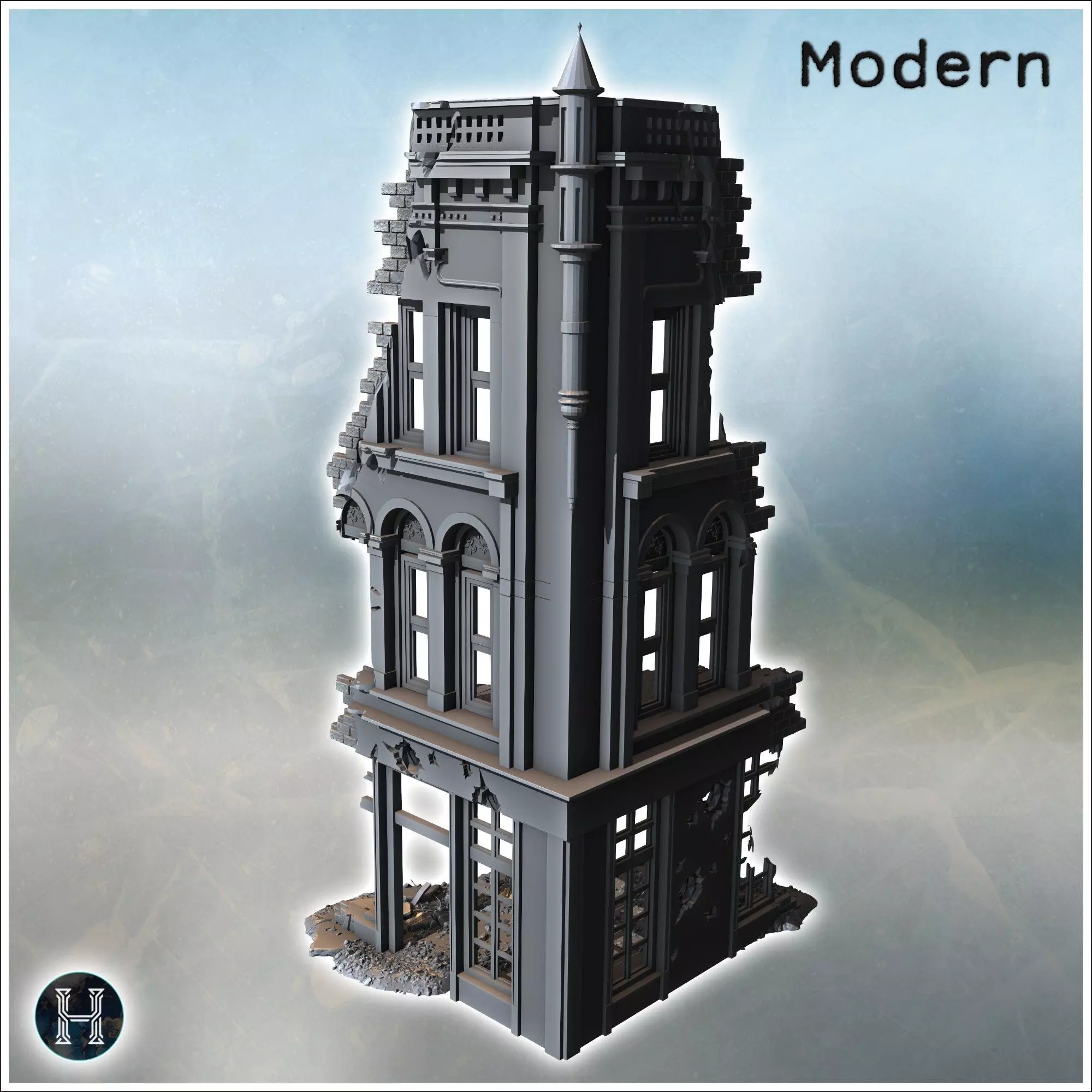 Corner building with decorative arched windows damaged upper wal 3D print model_0