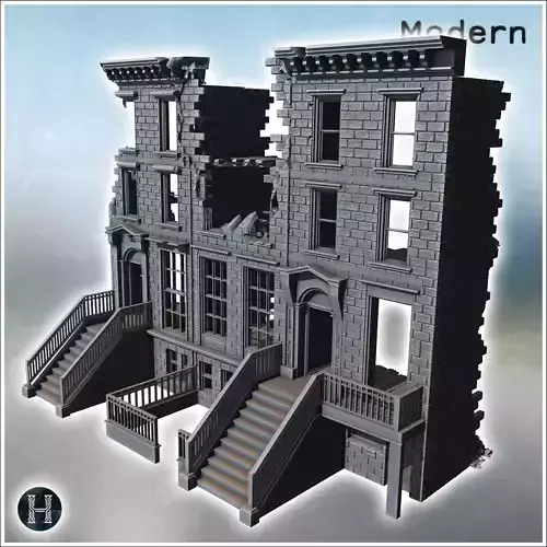 Dual staircase building with broken central walls and detailed b
