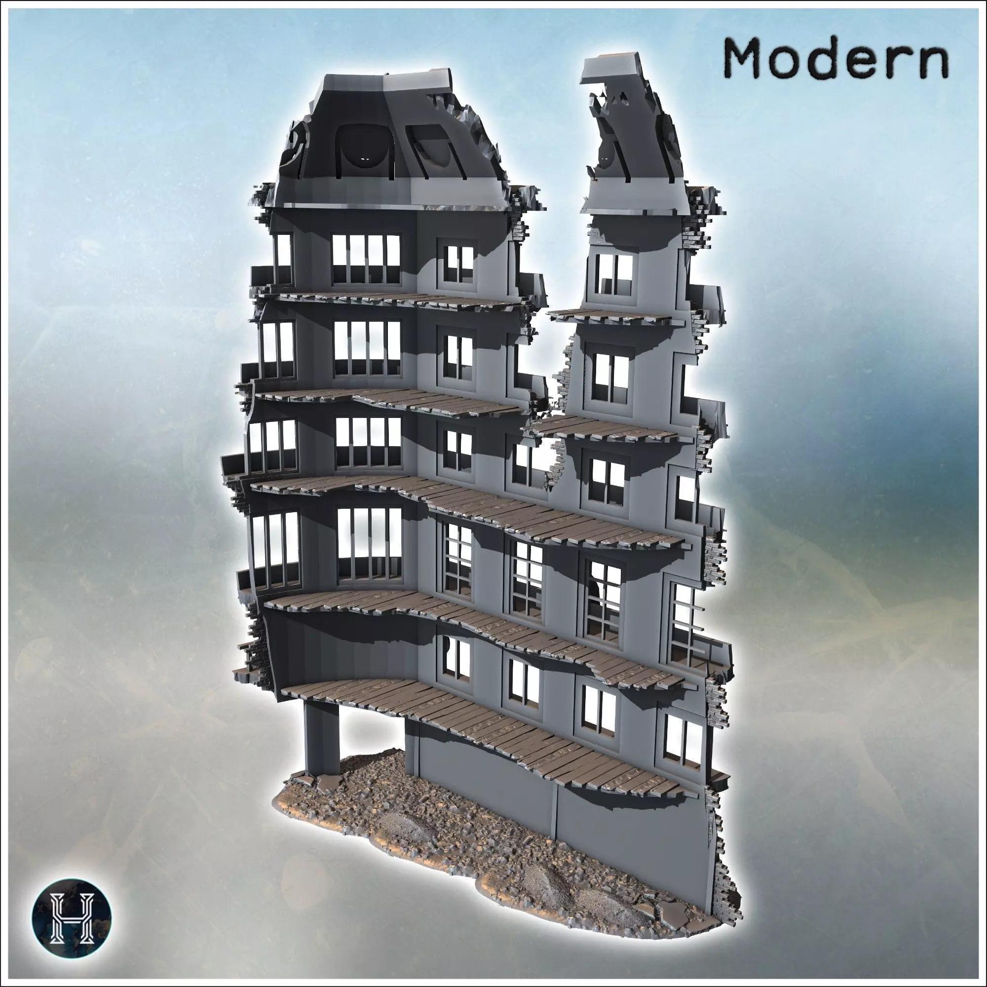 Grand hotel destroyed facade with curved windows structural dama 3D print model_4