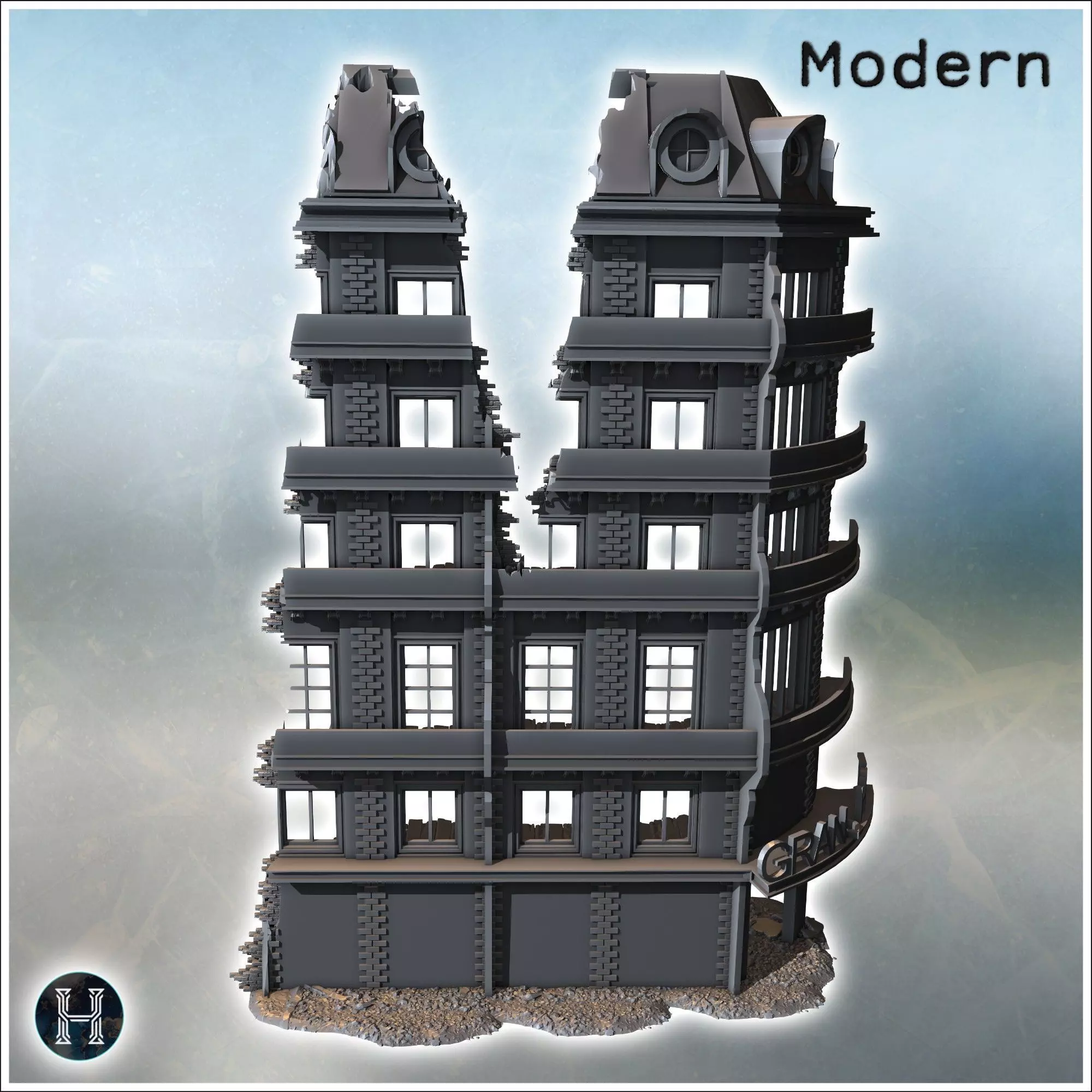 Grand hotel destroyed facade with curved windows structural dama 3D print model_1