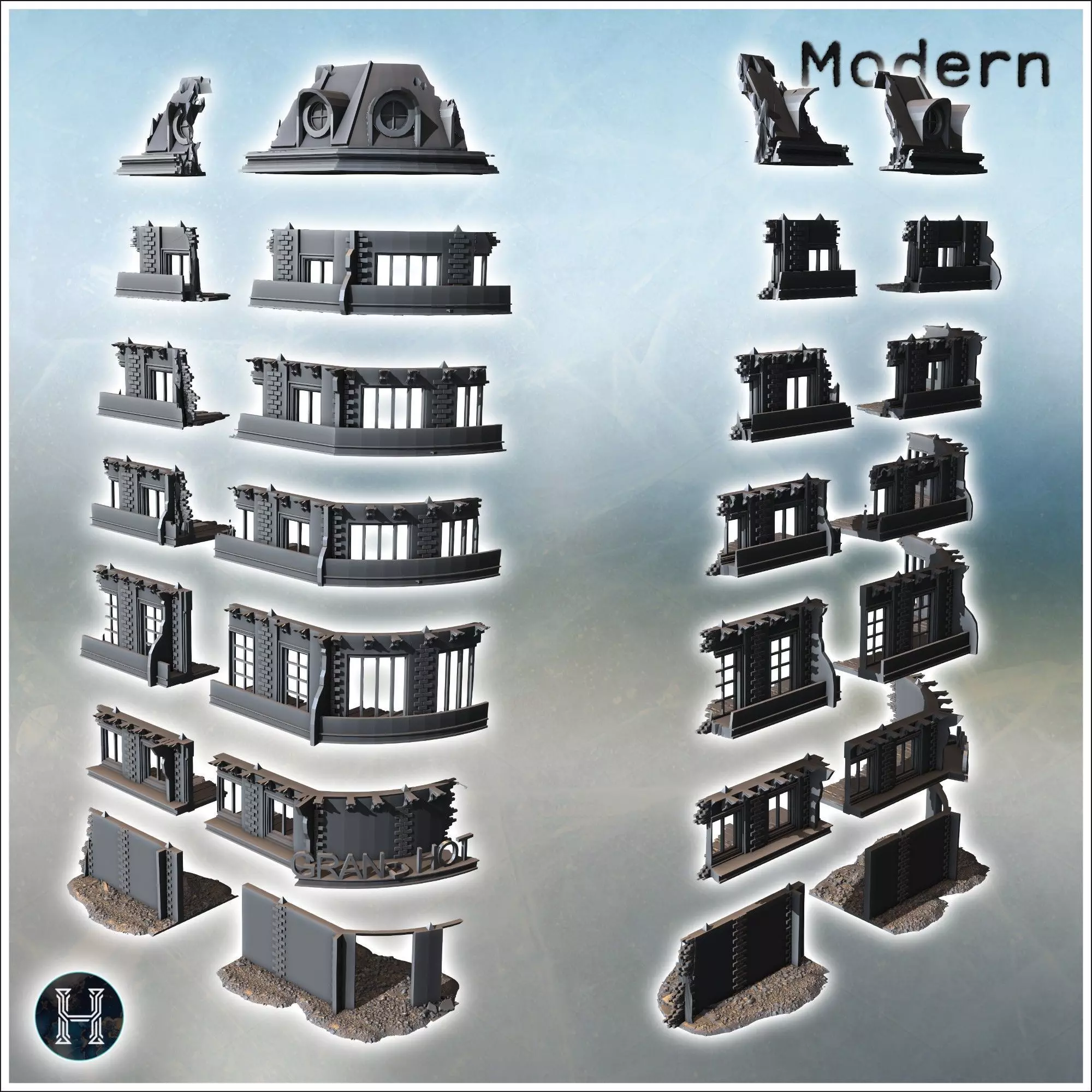 Grand hotel destroyed facade with curved windows structural dama 3D print model_5