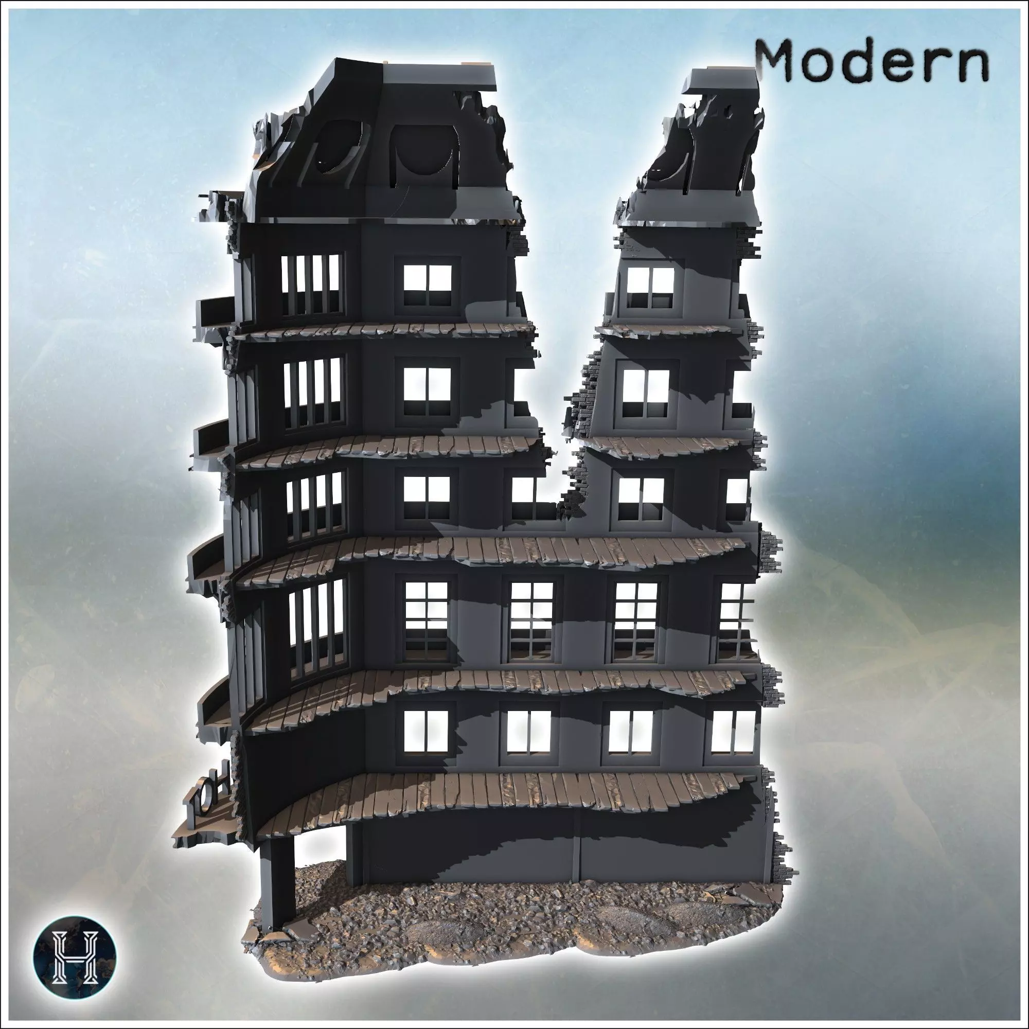 Grand hotel destroyed facade with curved windows structural dama 3D print model_3
