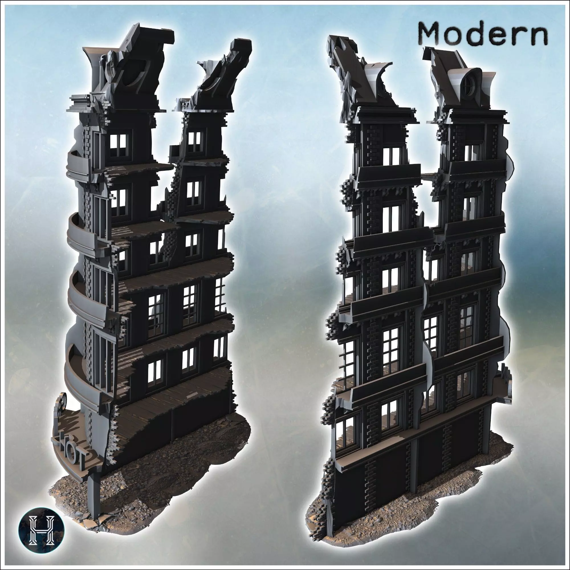 Grand hotel destroyed facade with curved windows structural dama 3D print model_2