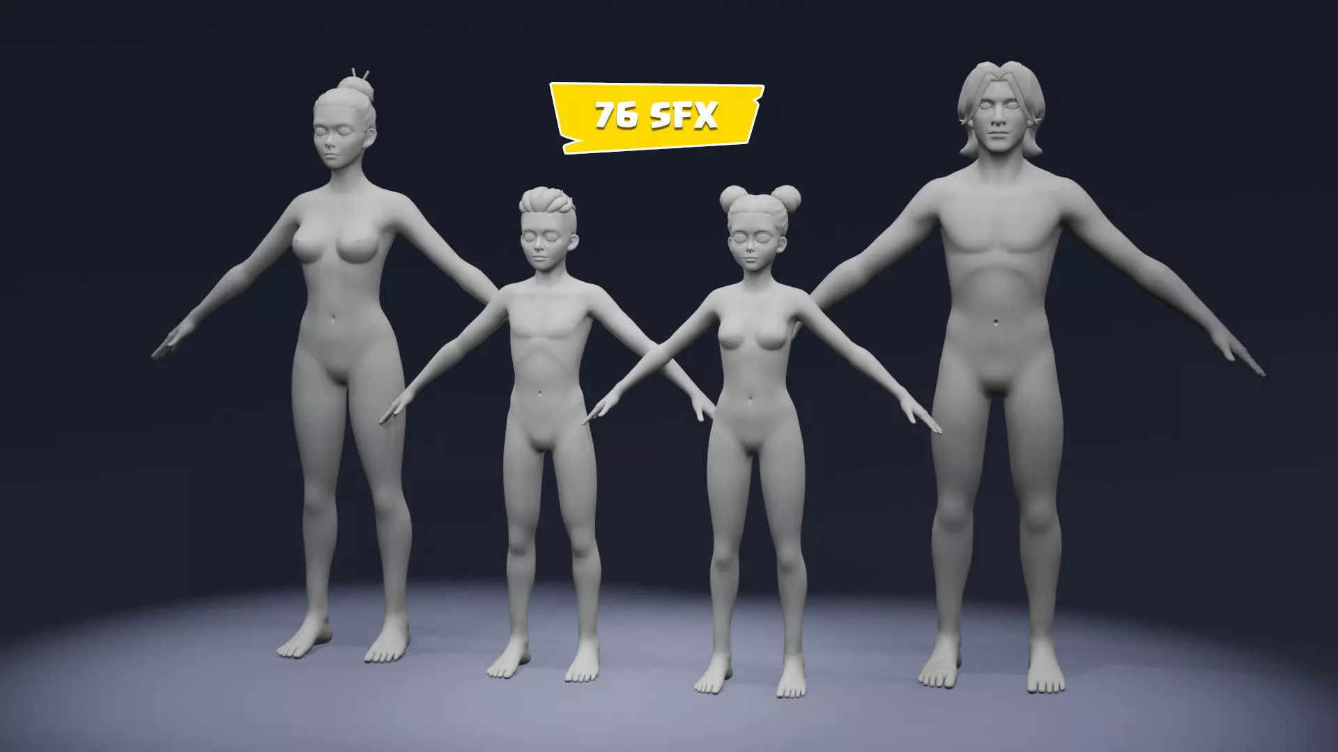 Stylized Human Body Base Mesh Pack Face Rig 76 Sound Effects Low-poly 3D model_0