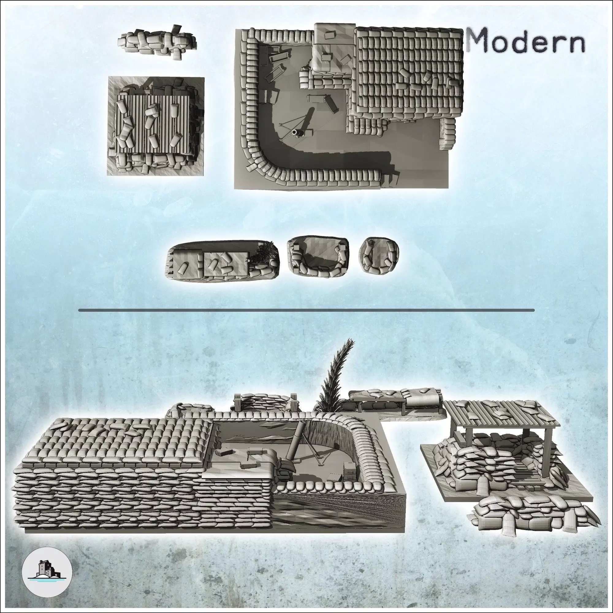 Fortified infantry positions with sandbags bunker and mortar 3 - 3D print model_3