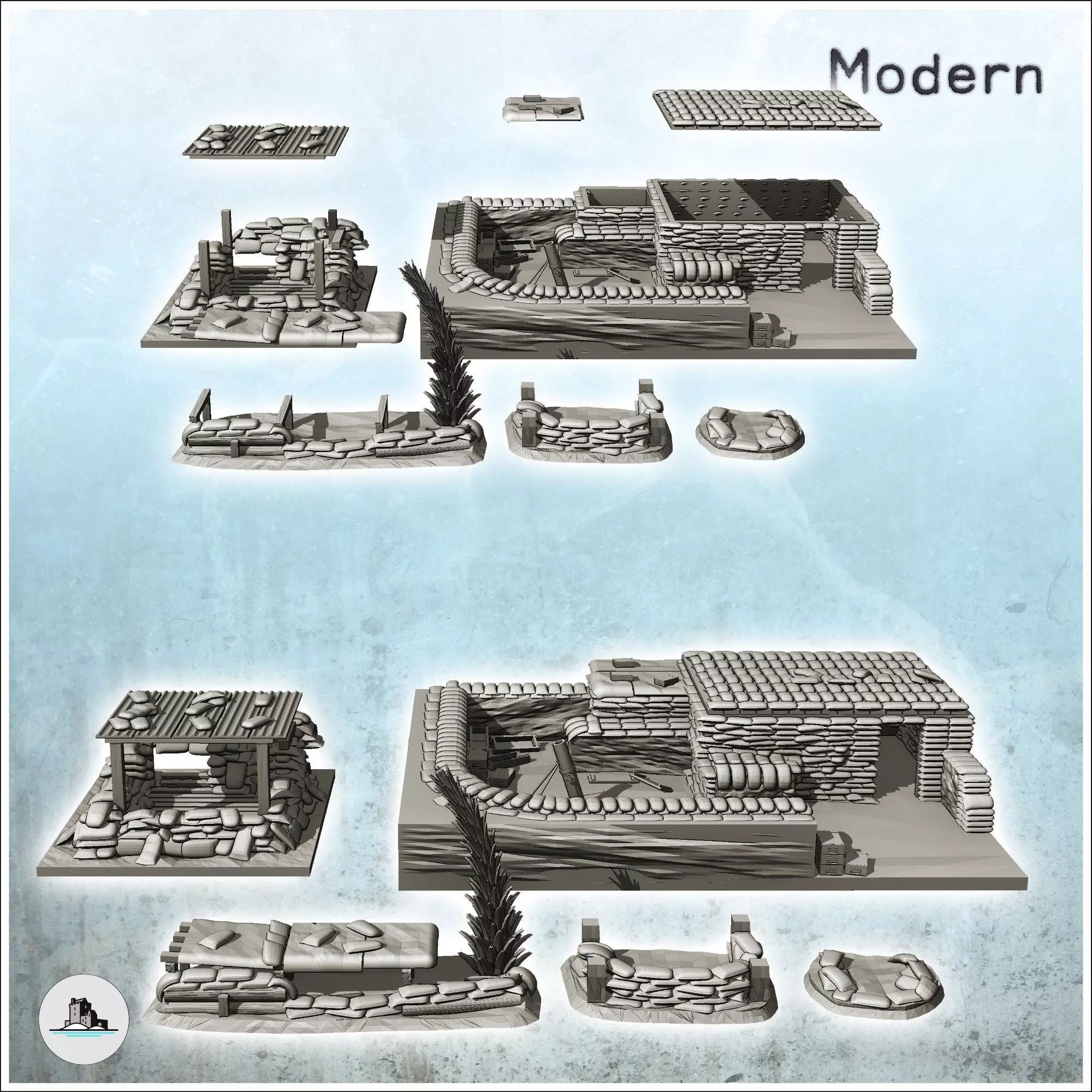 Fortified infantry positions with sandbags bunker and mortar 3 - 3D print model_1