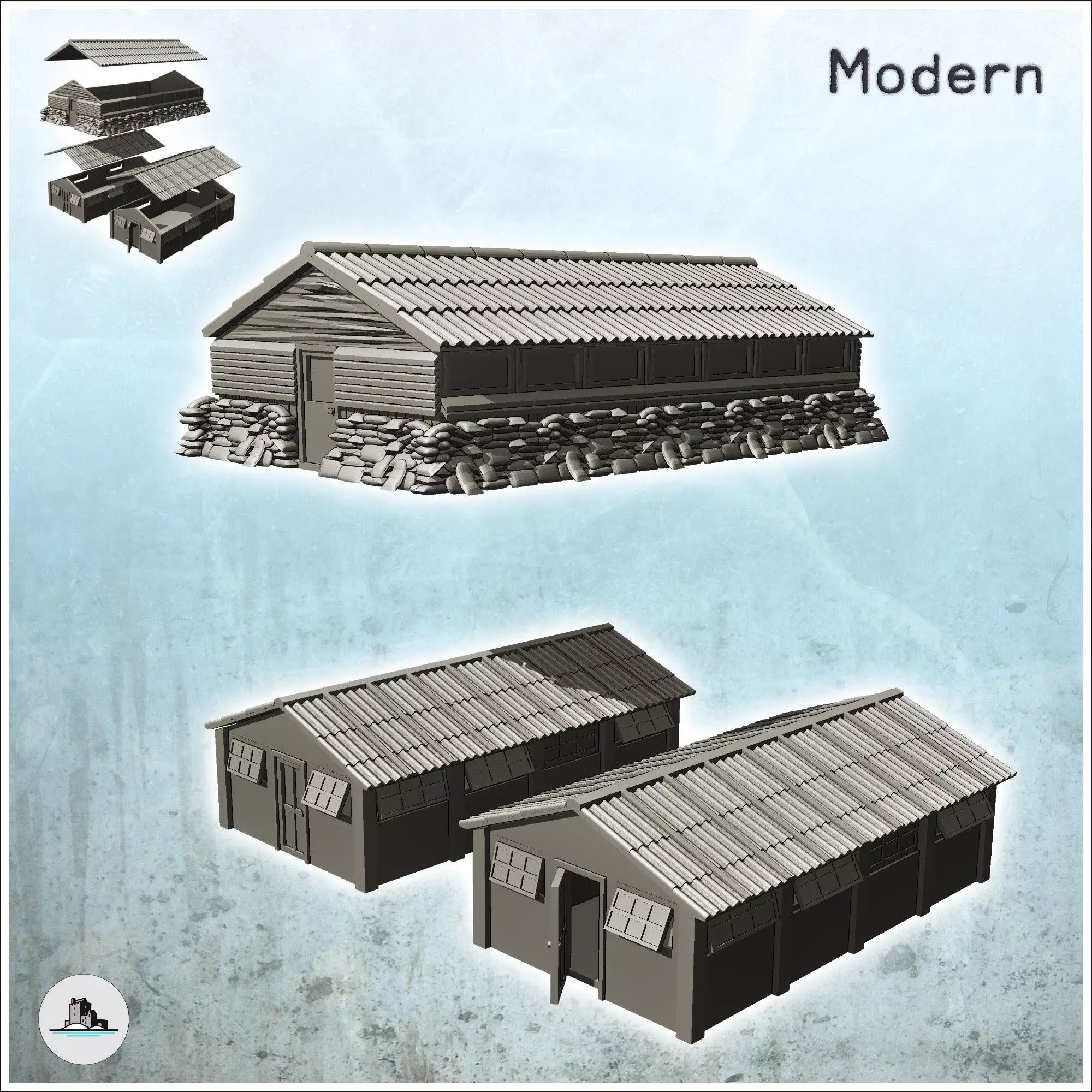 Set of three modern military barracks 1 - Modern WW2 WW1 World W 3D print model_0