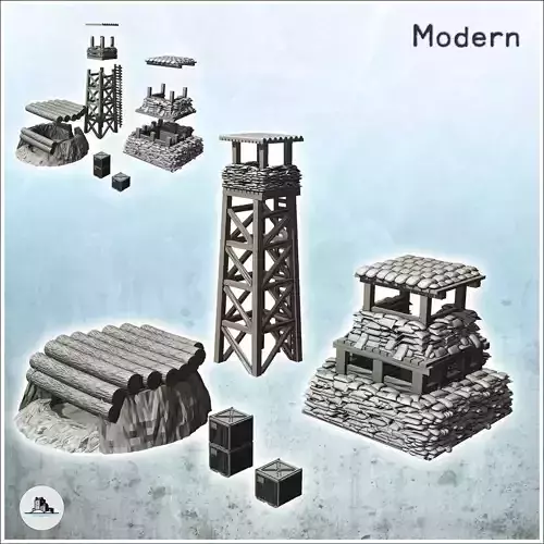 Set of fortifications for modern military base with watchtower 4