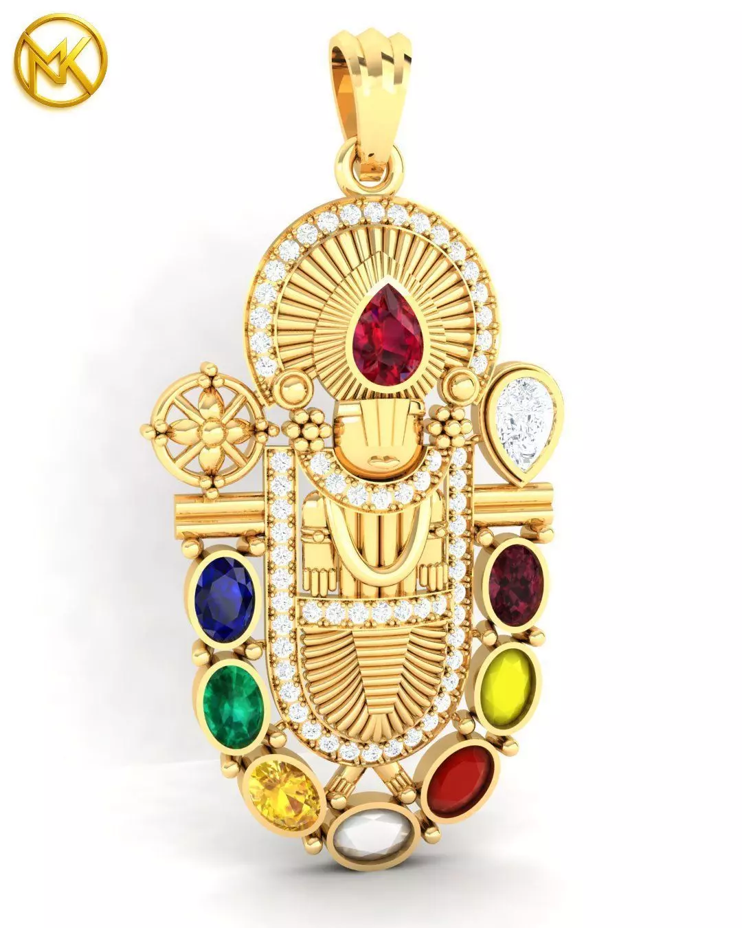 Lord Venkateswara Balaji Pendant with Navaratna Gemstones 3D print model_9