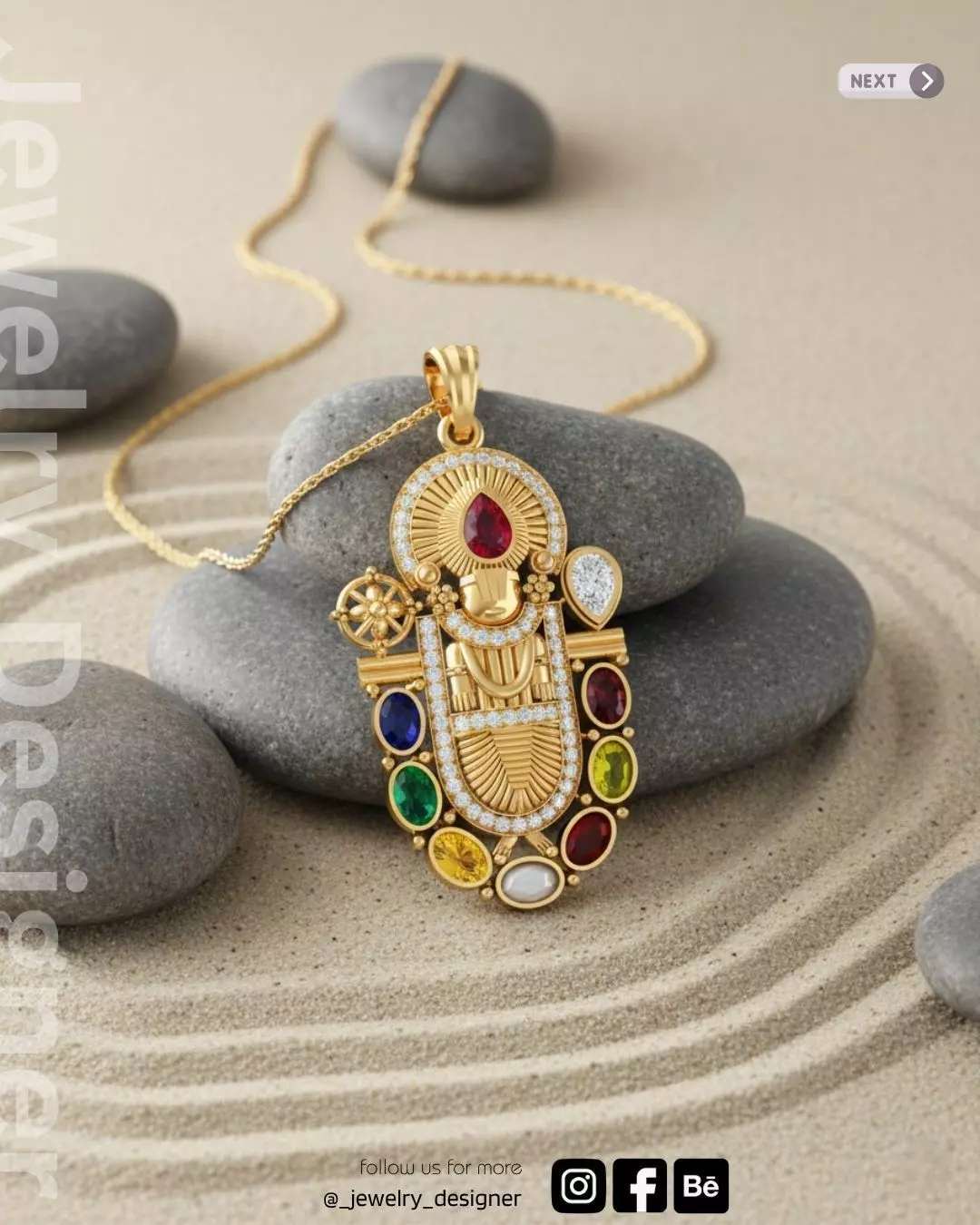 Lord Venkateswara Balaji Pendant with Navaratna Gemstones 3D print model_0