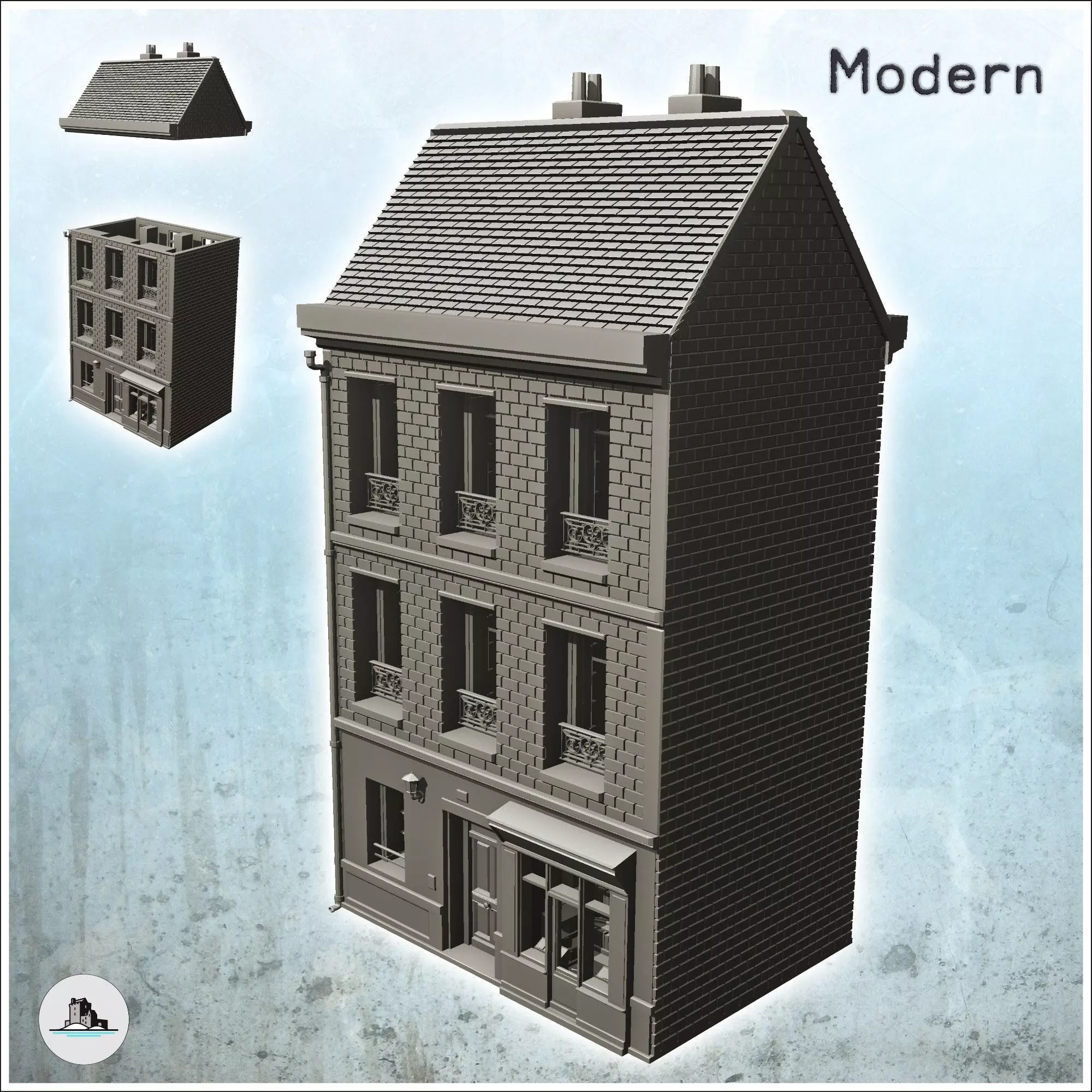 European urban building with store 7 - Modern WW2 WW1 World War  3D print model_0