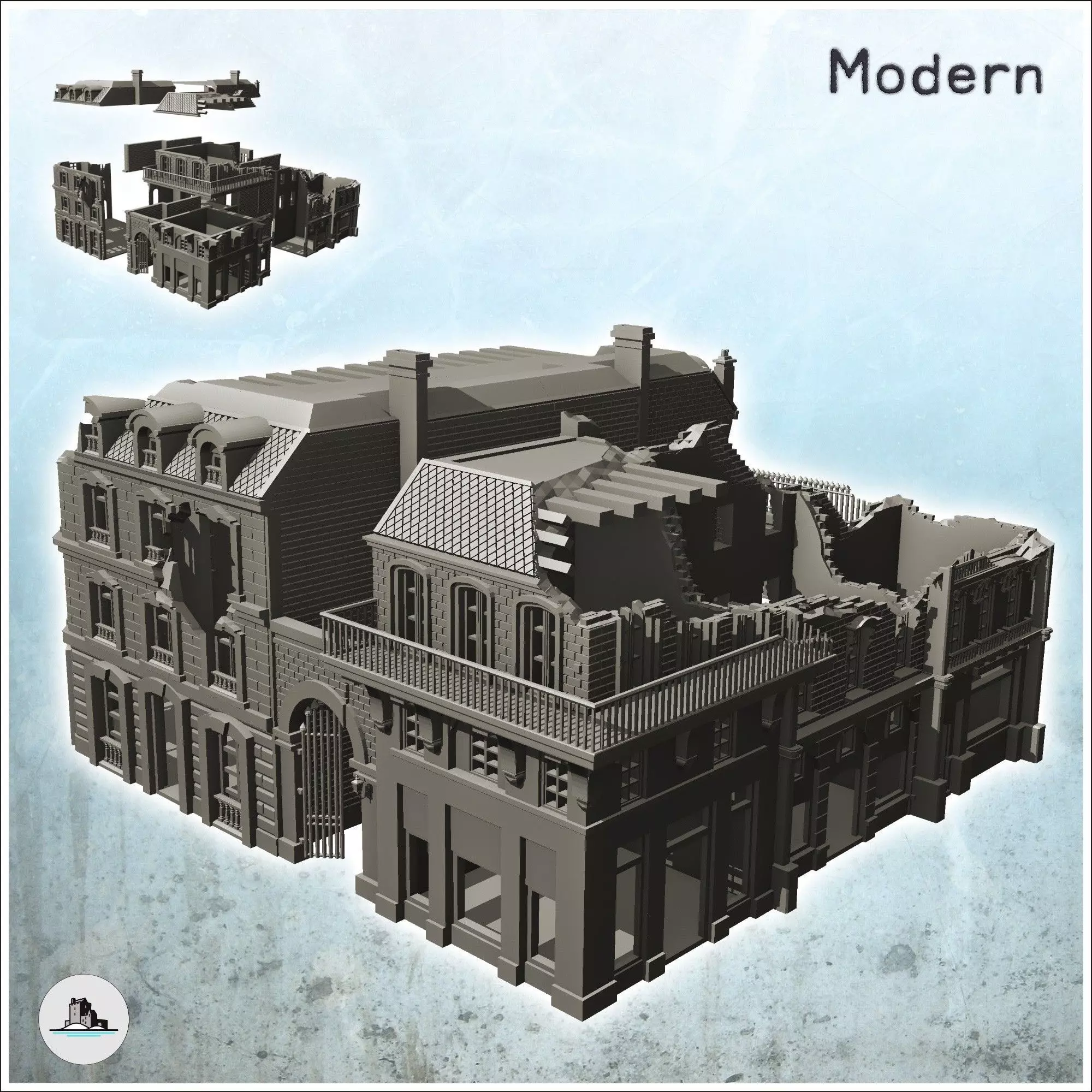 Urban block building with portal ruined version 19 - Modern WW2 3D print model_0