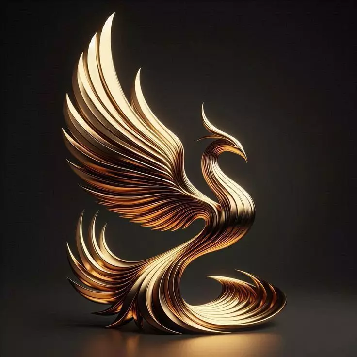 Luxury Golden Phoenix 3D Flowing Wings Glowing Design Low-poly 3D model_0