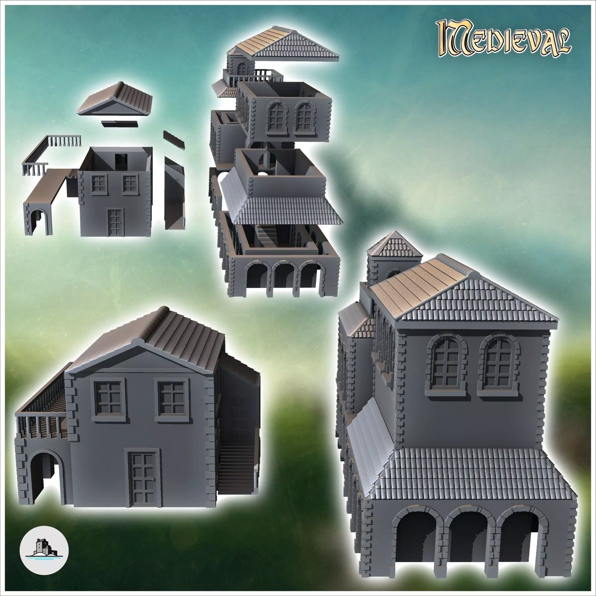 Set of three Venetian houses with large columned awnings 2 - Med 3D print model_2