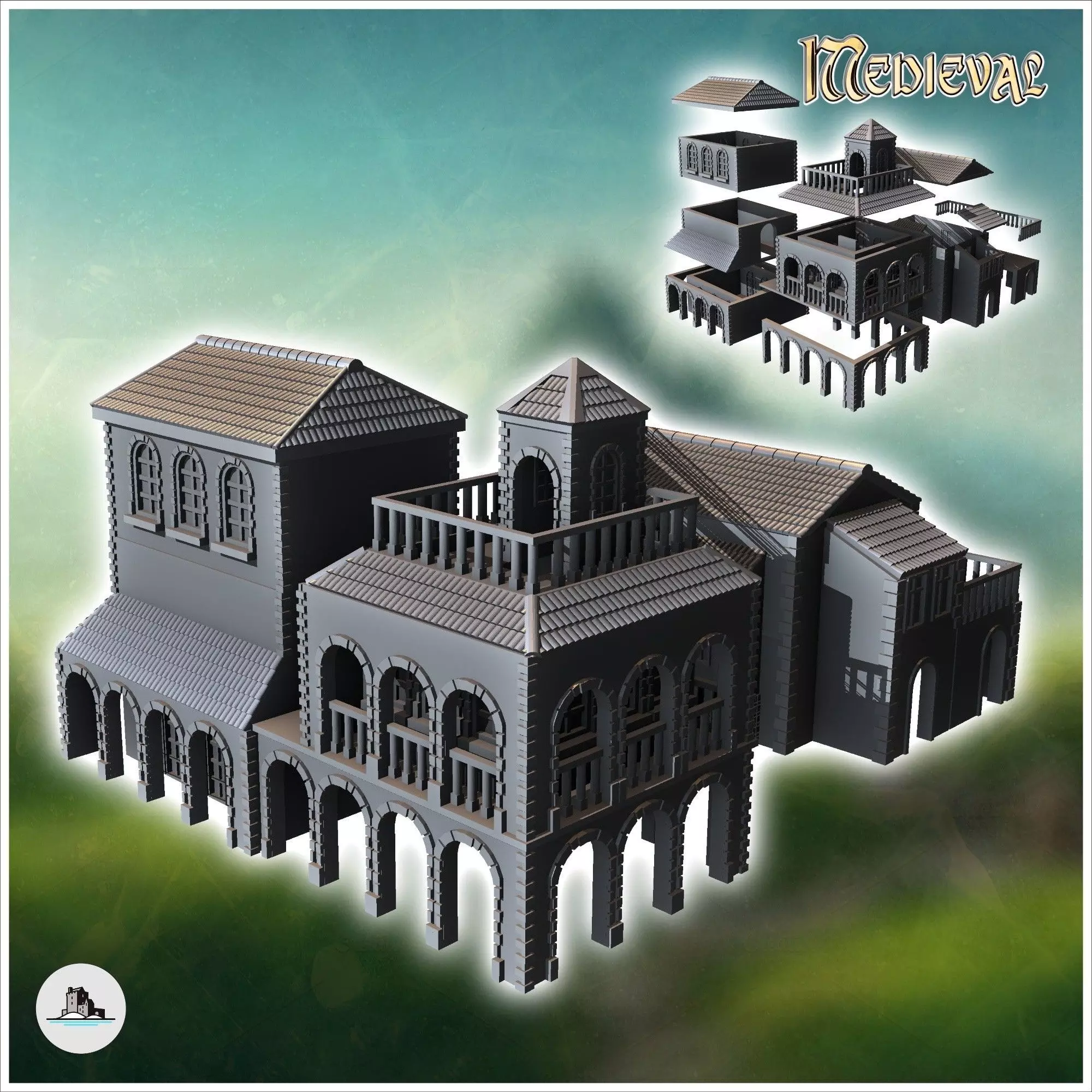 Set of three Venetian houses with large columned awnings 2 - Med 3D print model_0