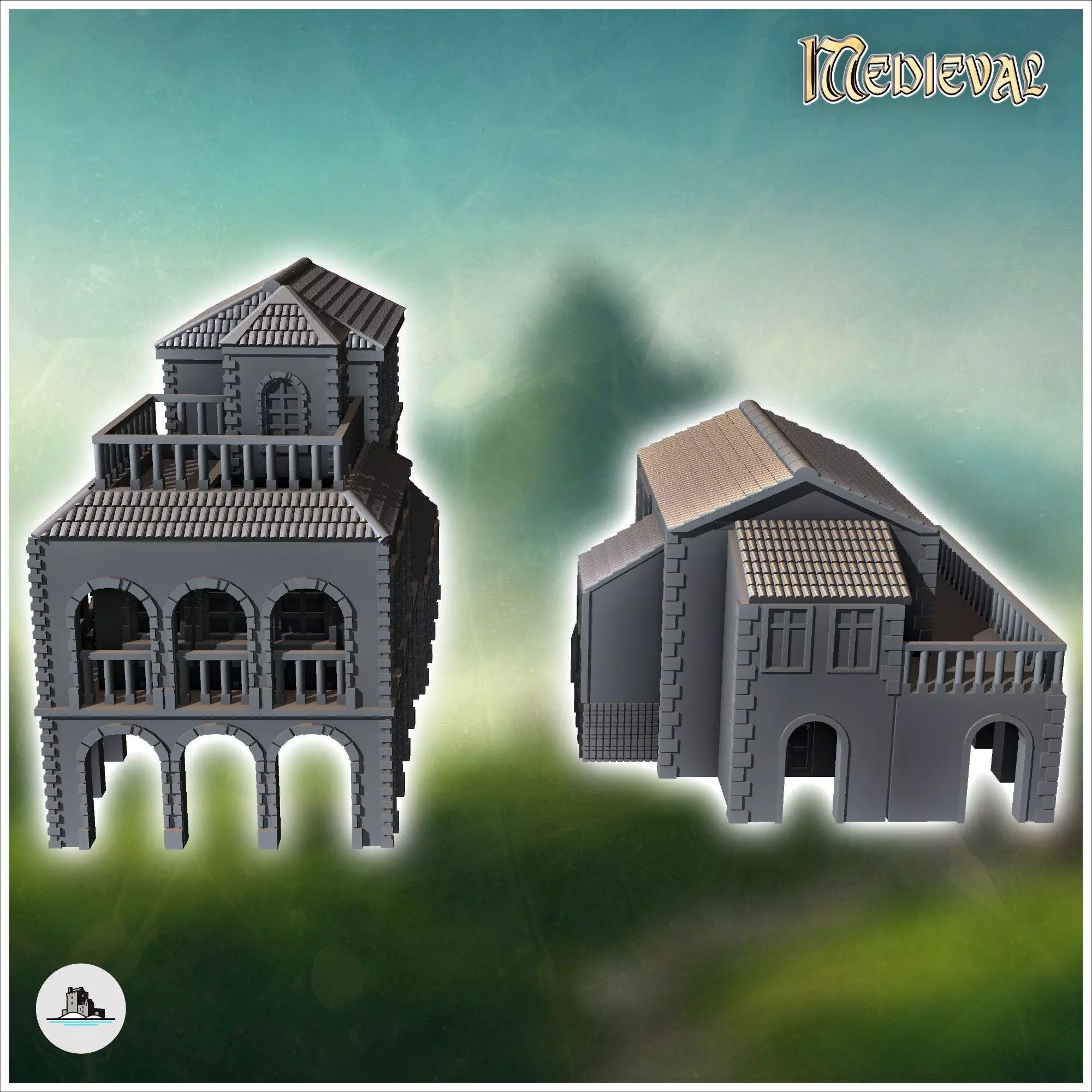 Set of three Venetian houses with large columned awnings 2 - Med 3D print model_4