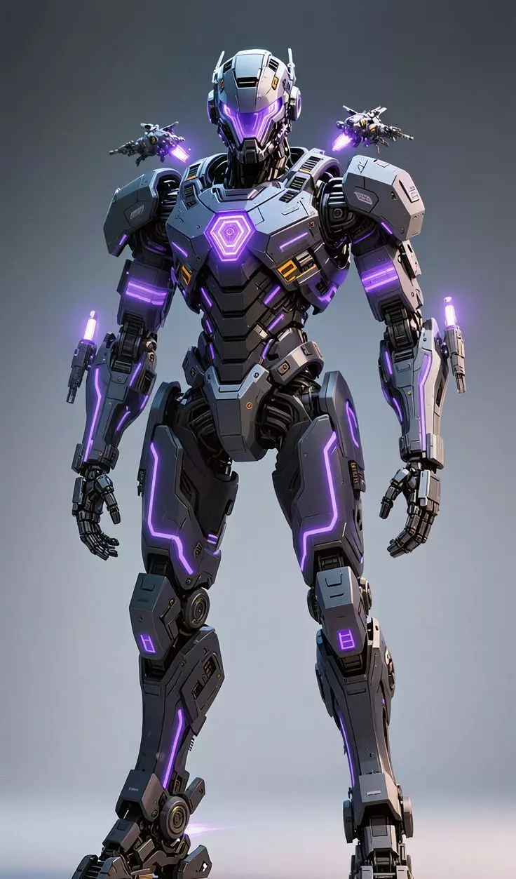 Purple Light Mech 3D Model Robot Glowing Lines Sci-Fi Design Low-poly 3D model_0