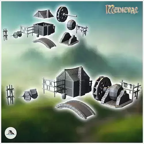 Medieval house set with bridge water mill and skin drying racks 