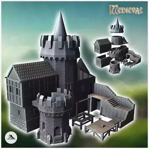 Medieval castle with two stone towers external staircase and gam