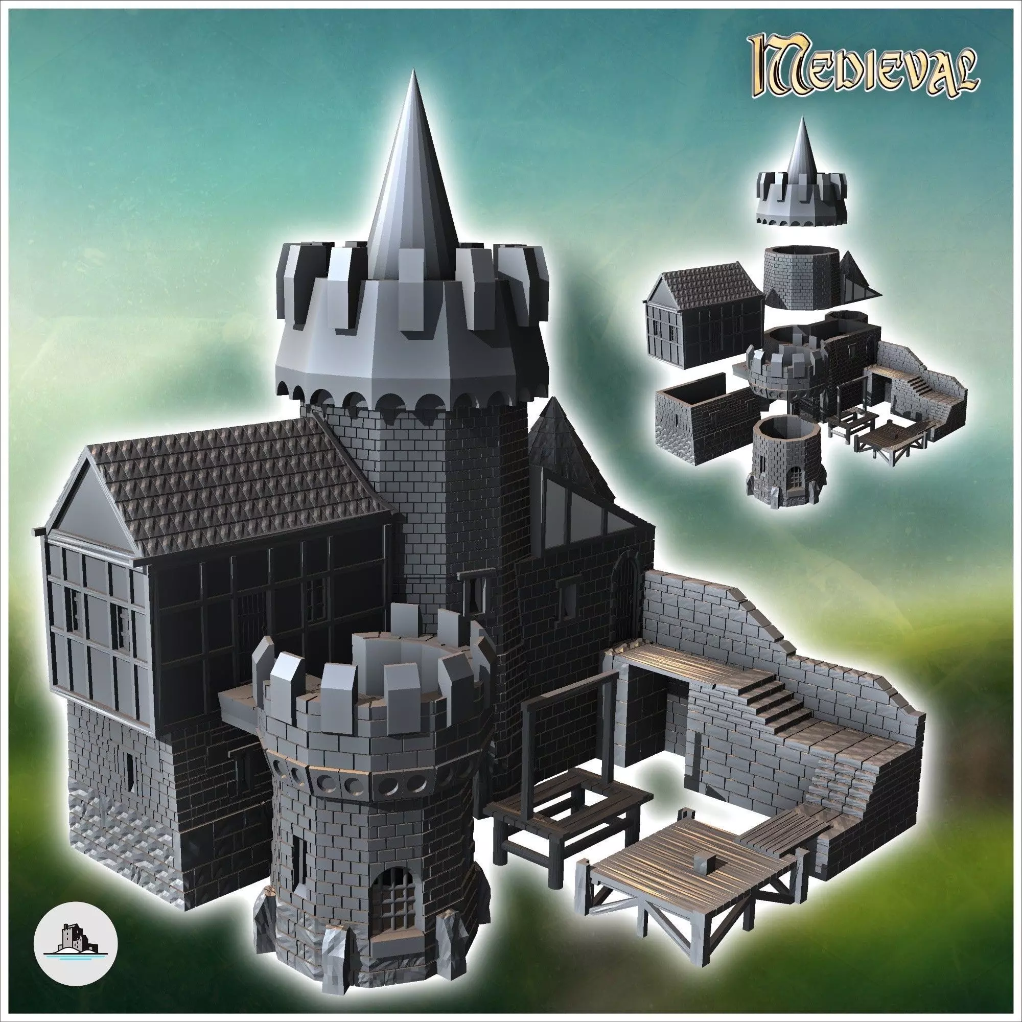 Medieval castle with two stone towers external staircase and gam 3D print model_0