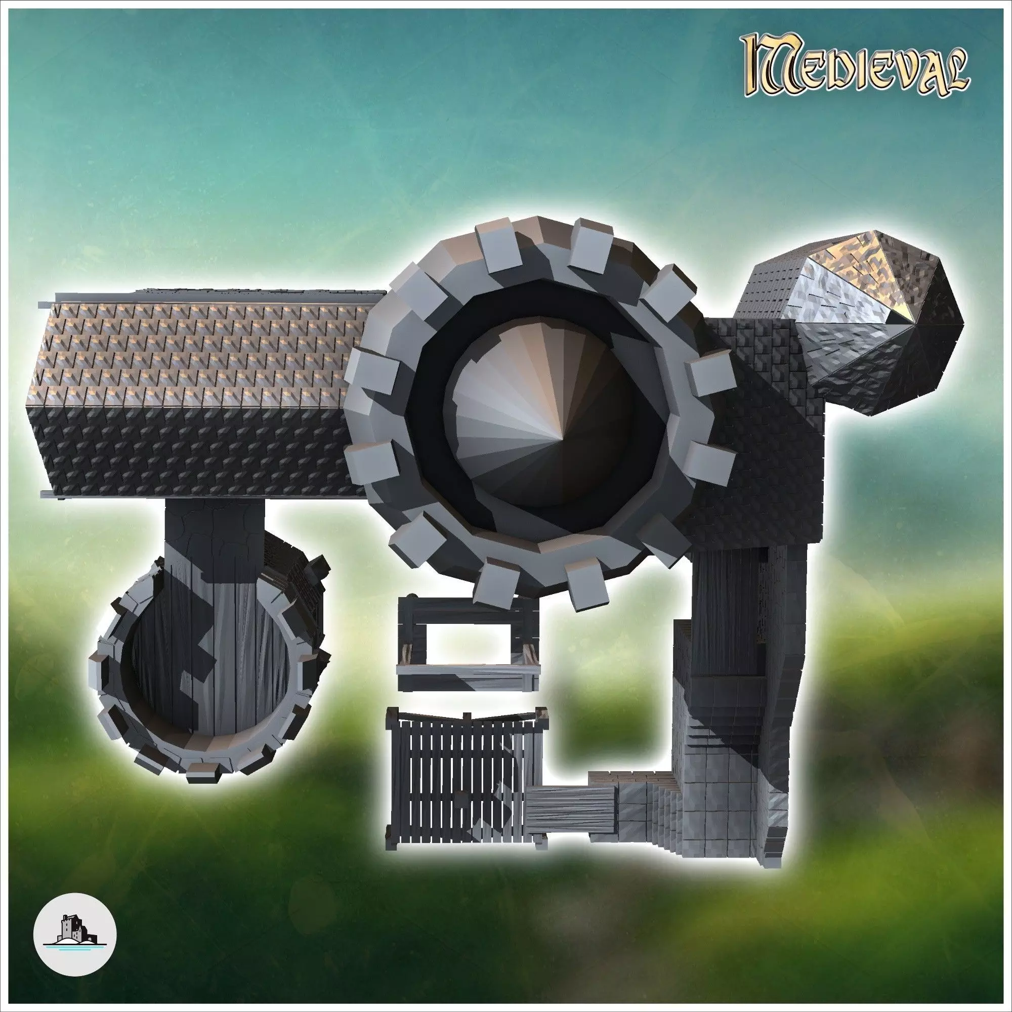 Medieval castle with two stone towers external staircase and gam 3D print model_5