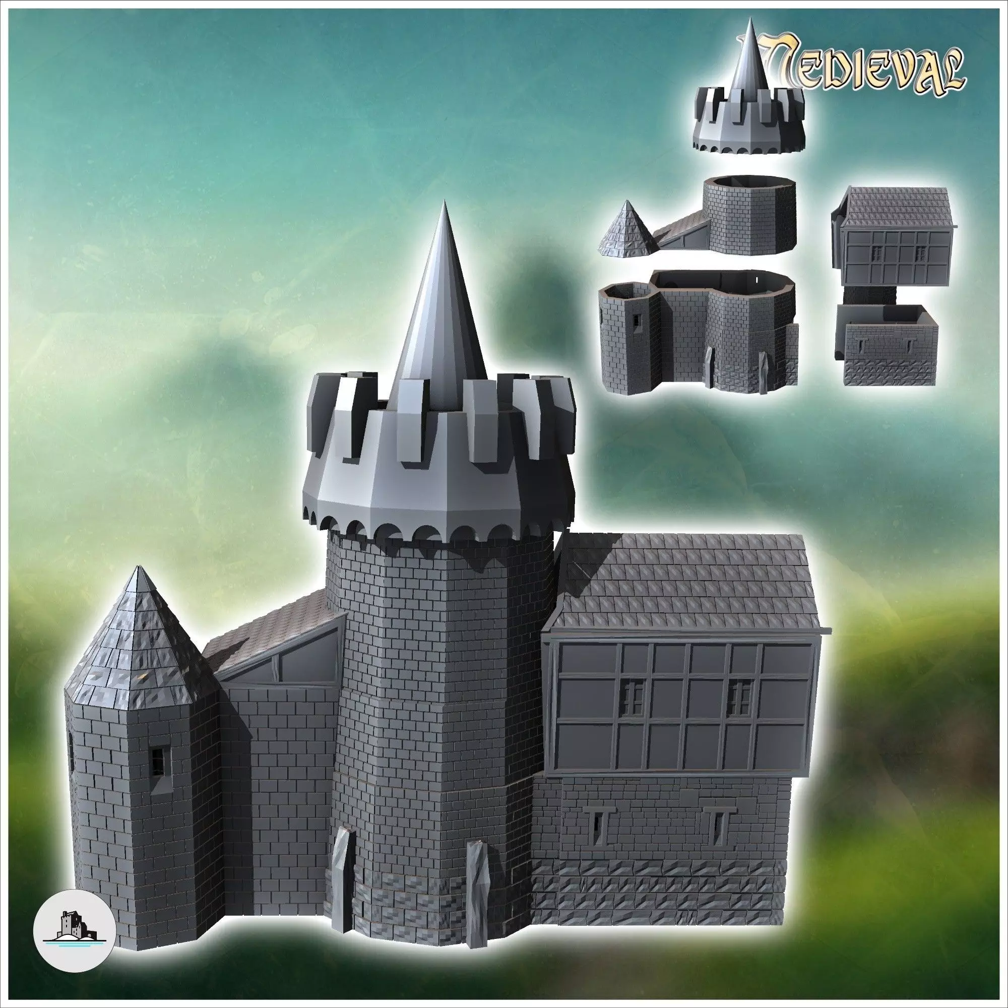 Medieval castle with two stone towers external staircase and gam 3D print model_2