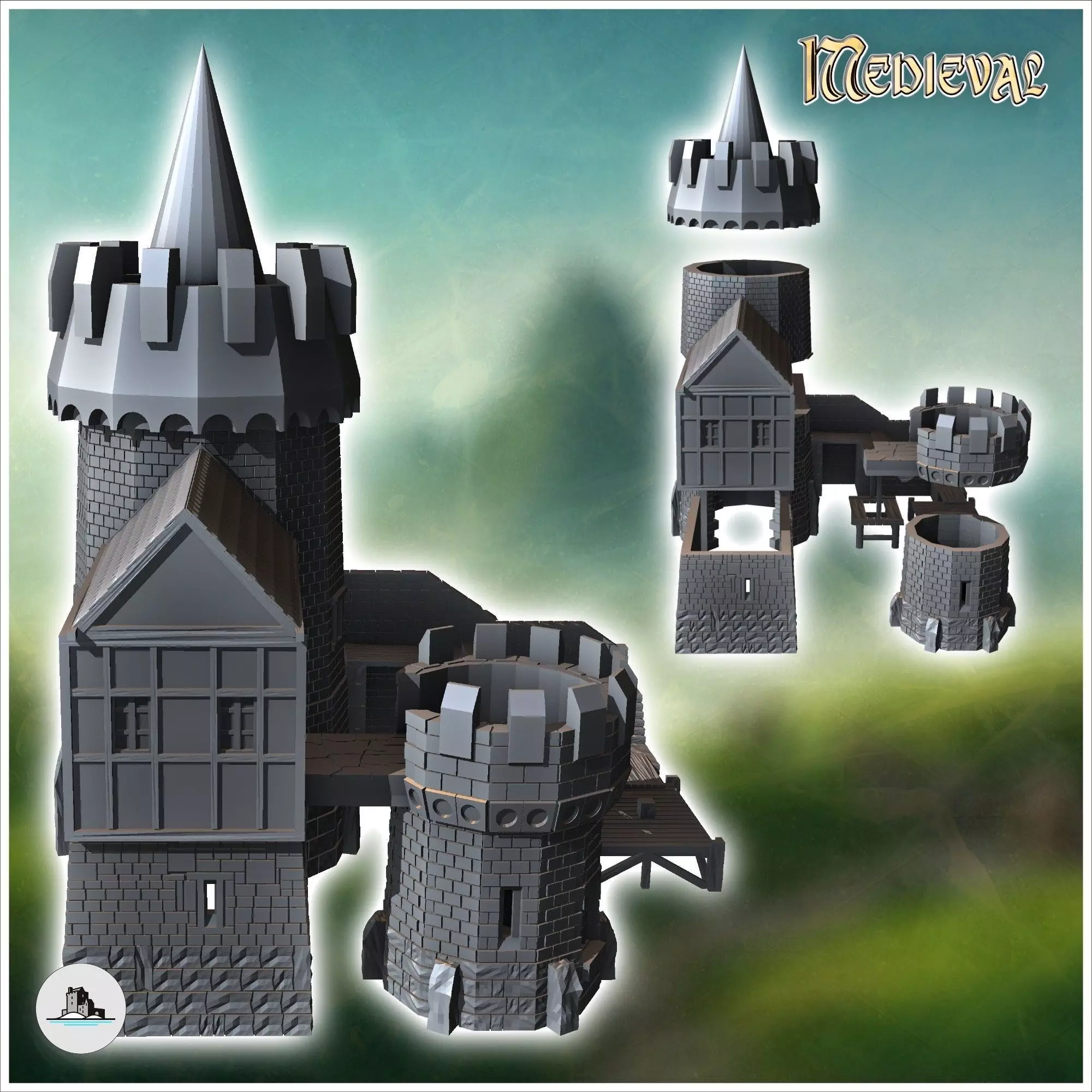 Medieval castle with two stone towers external staircase and gam 3D print model_1