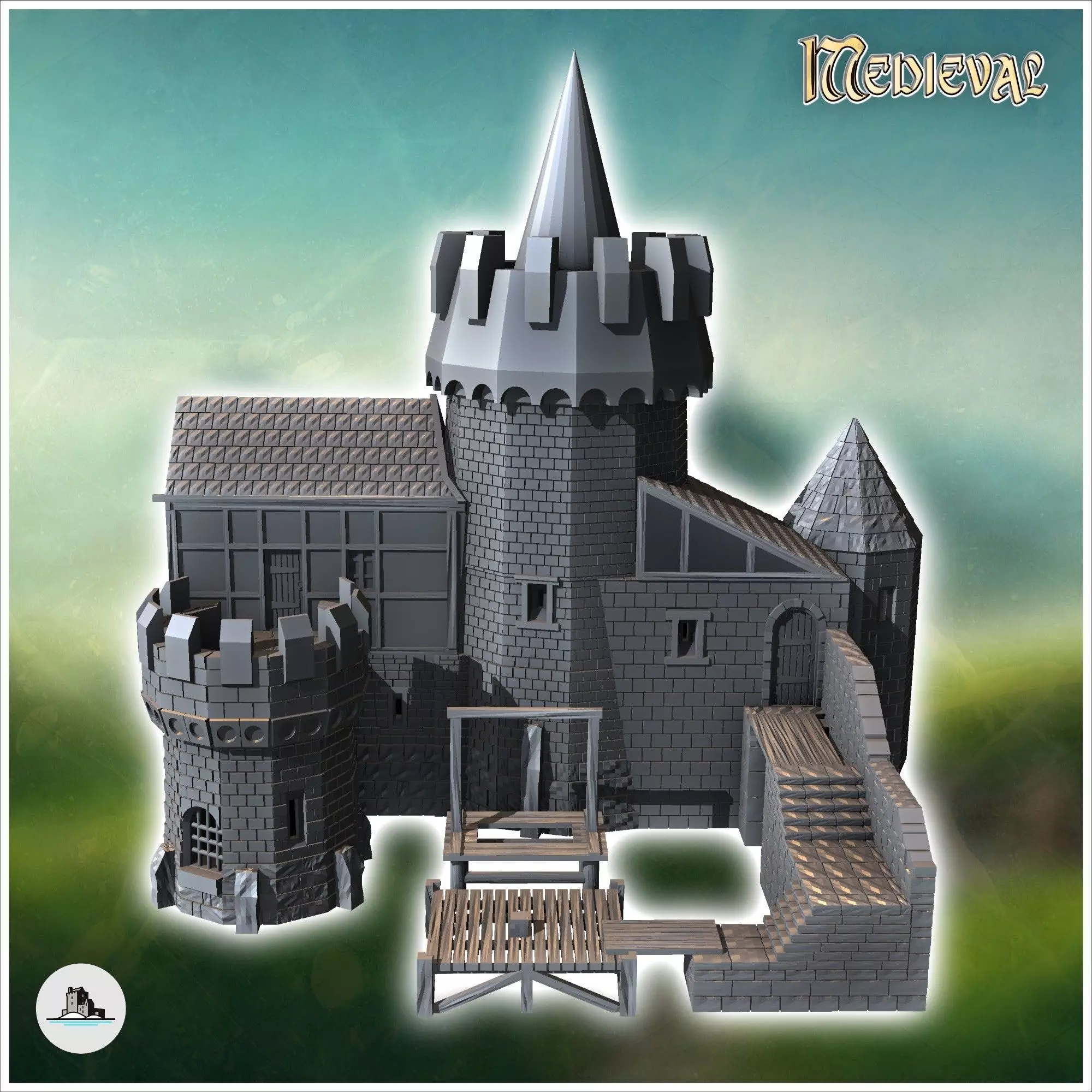 Medieval castle with two stone towers external staircase and gam 3D print model_4