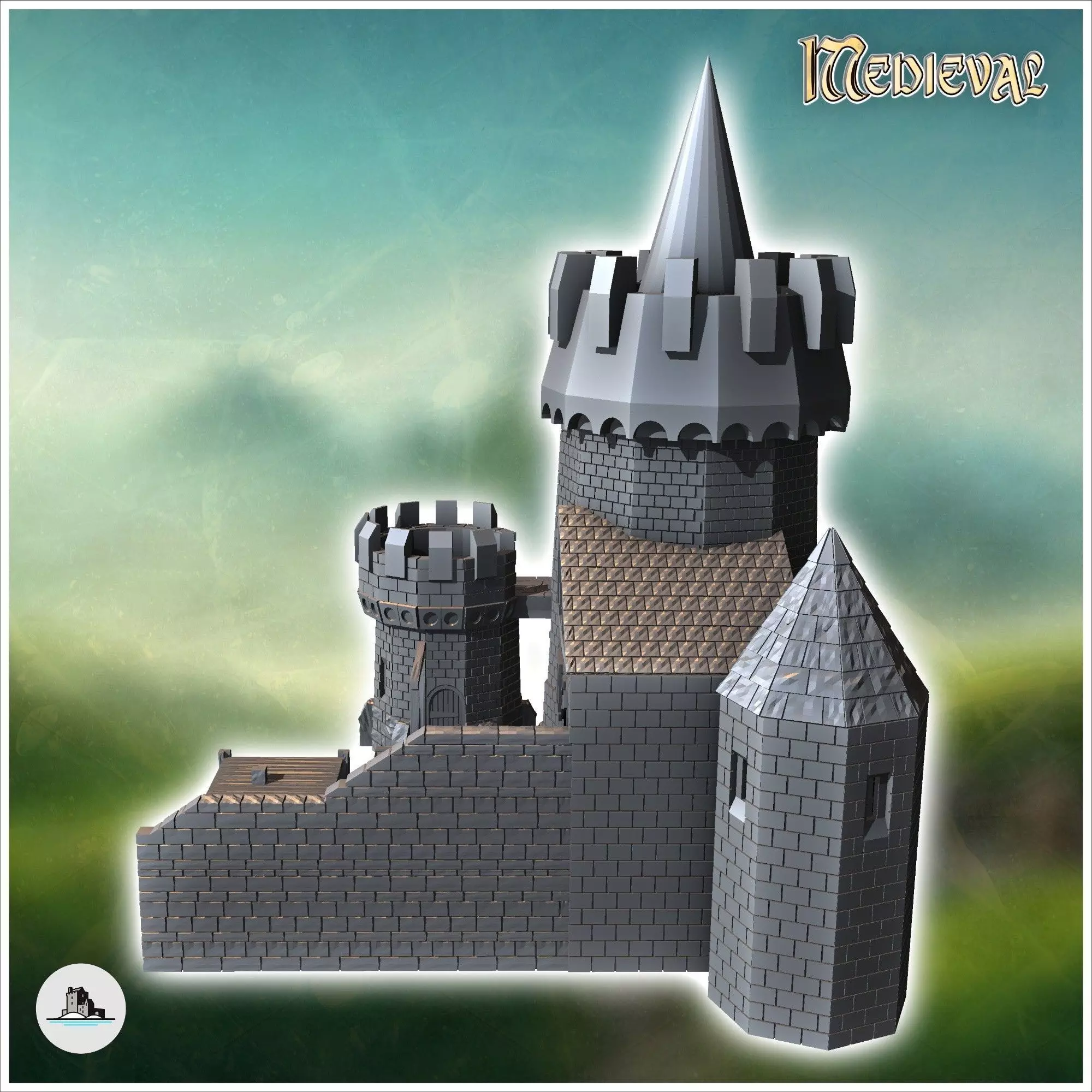 Medieval castle with two stone towers external staircase and gam 3D print model_3