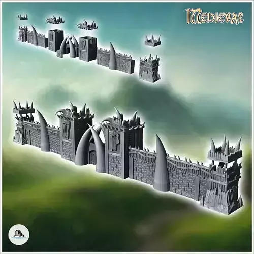Medieval modular orc wall with orc heads and wooden towers 9 - M